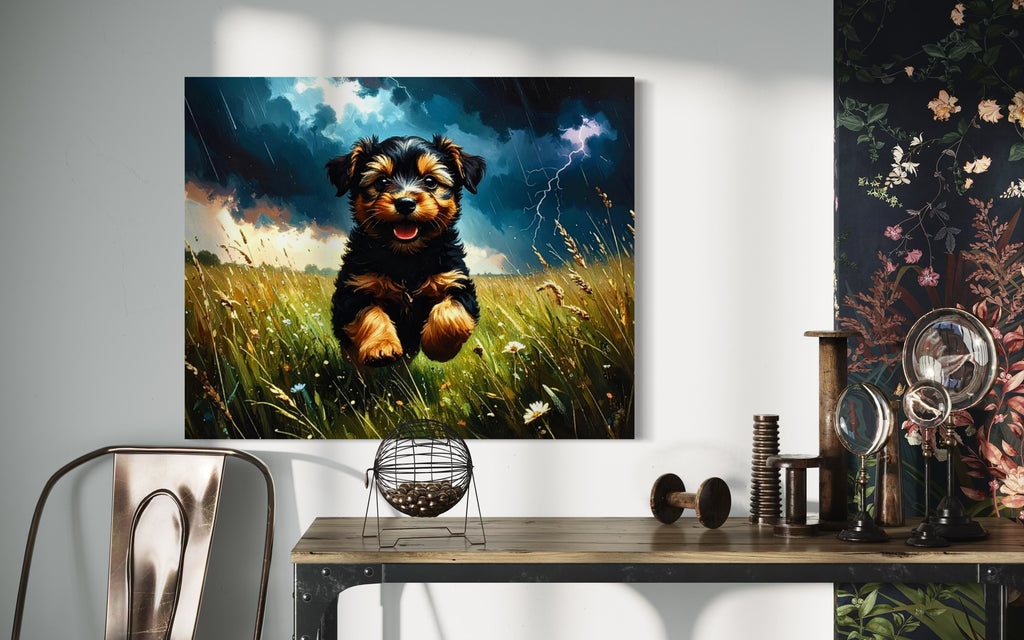 Yorkie in a Stormy Meadow