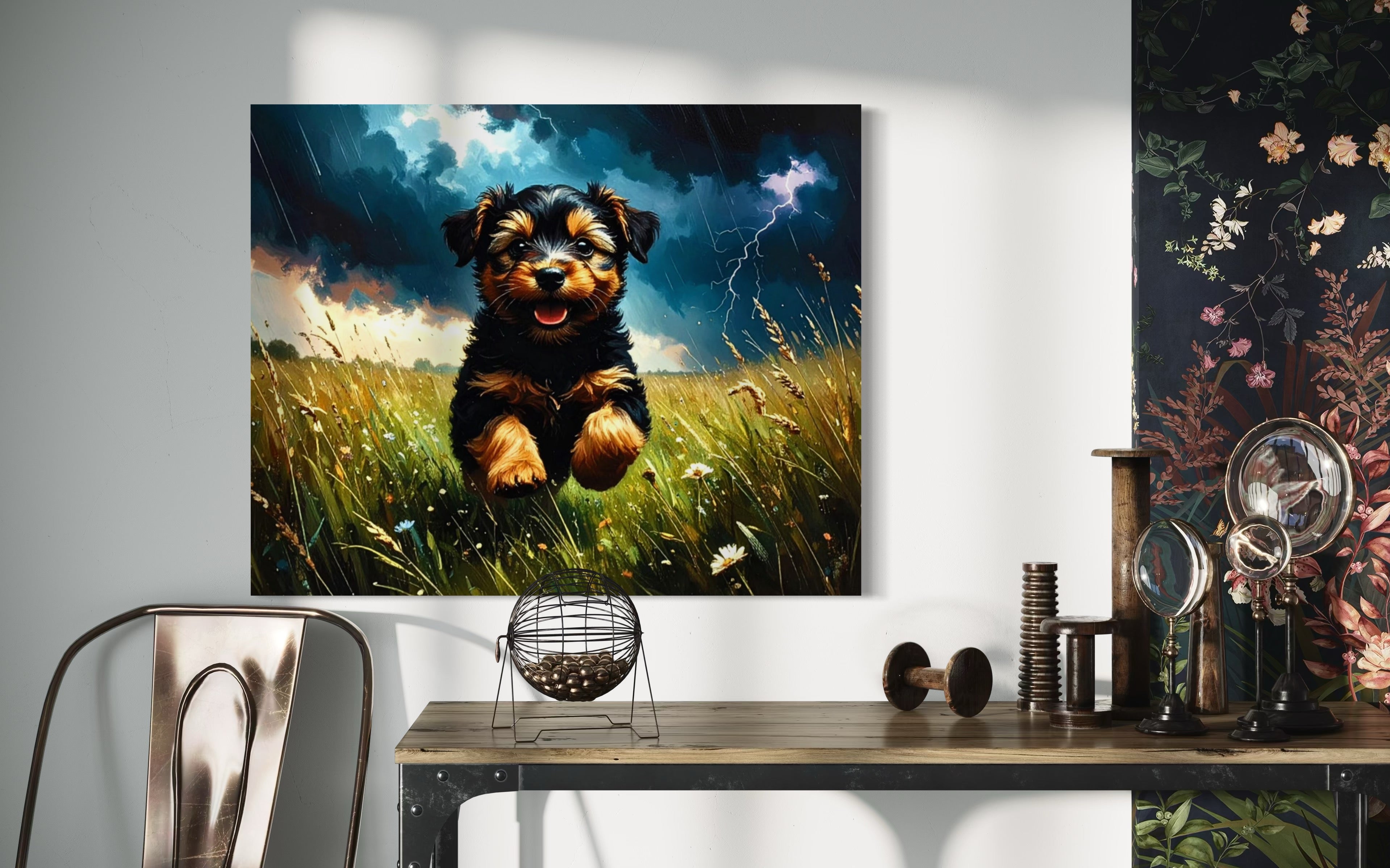 Yorkie in a Stormy Meadow