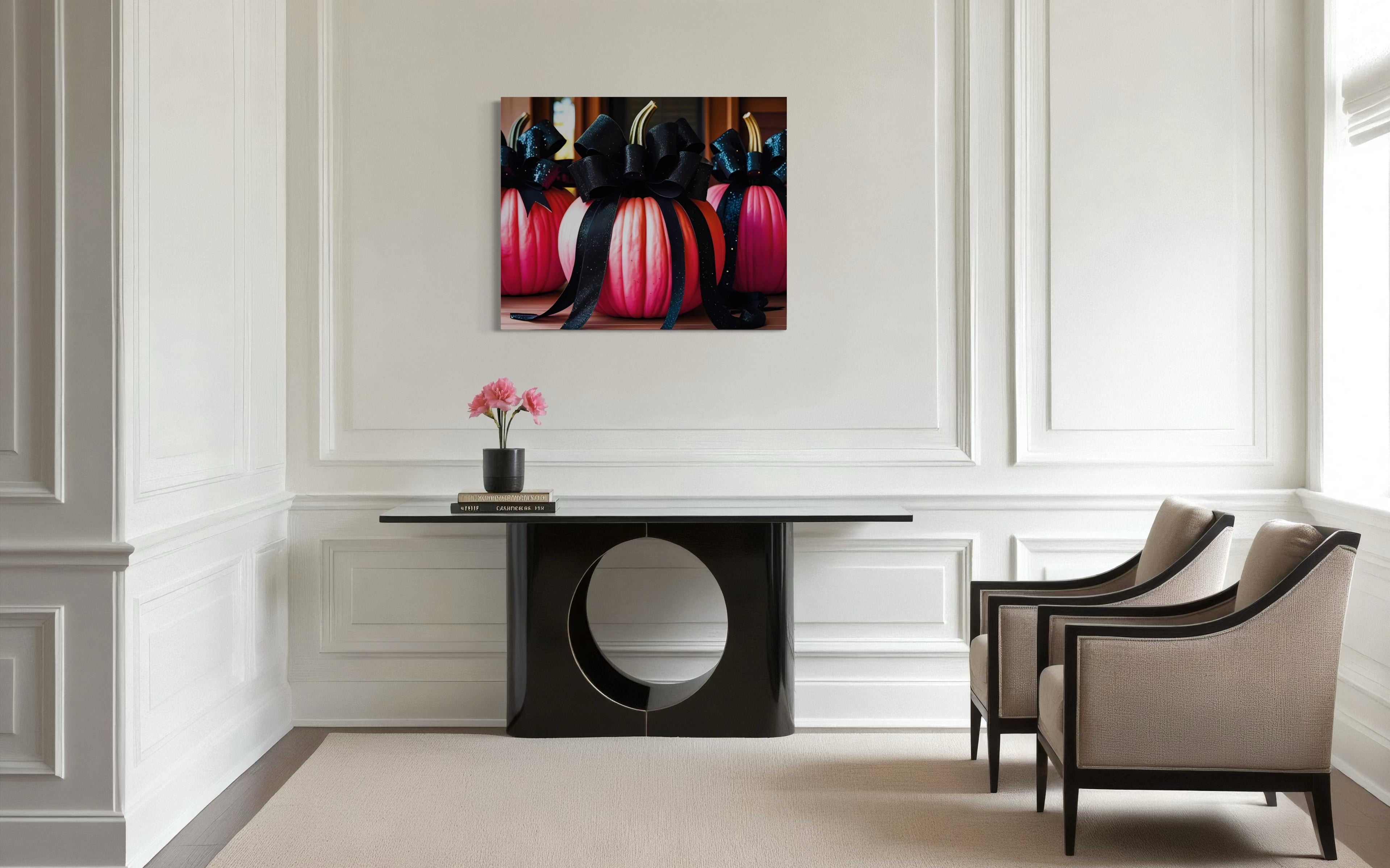 Pink Porch Pumpkins with Black Glittering and Velvet Bows
