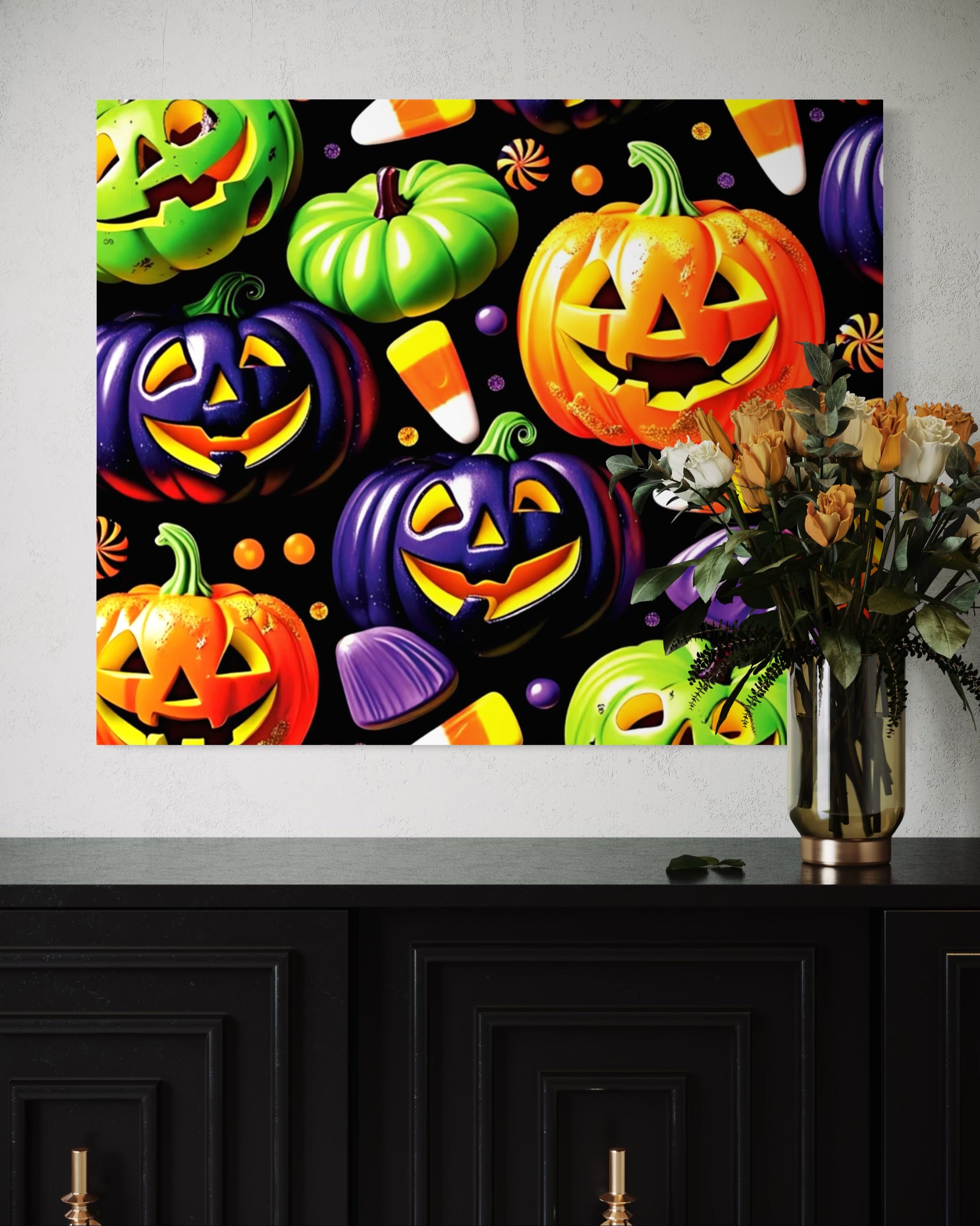 Candy and Pumpkins Pattern on Black