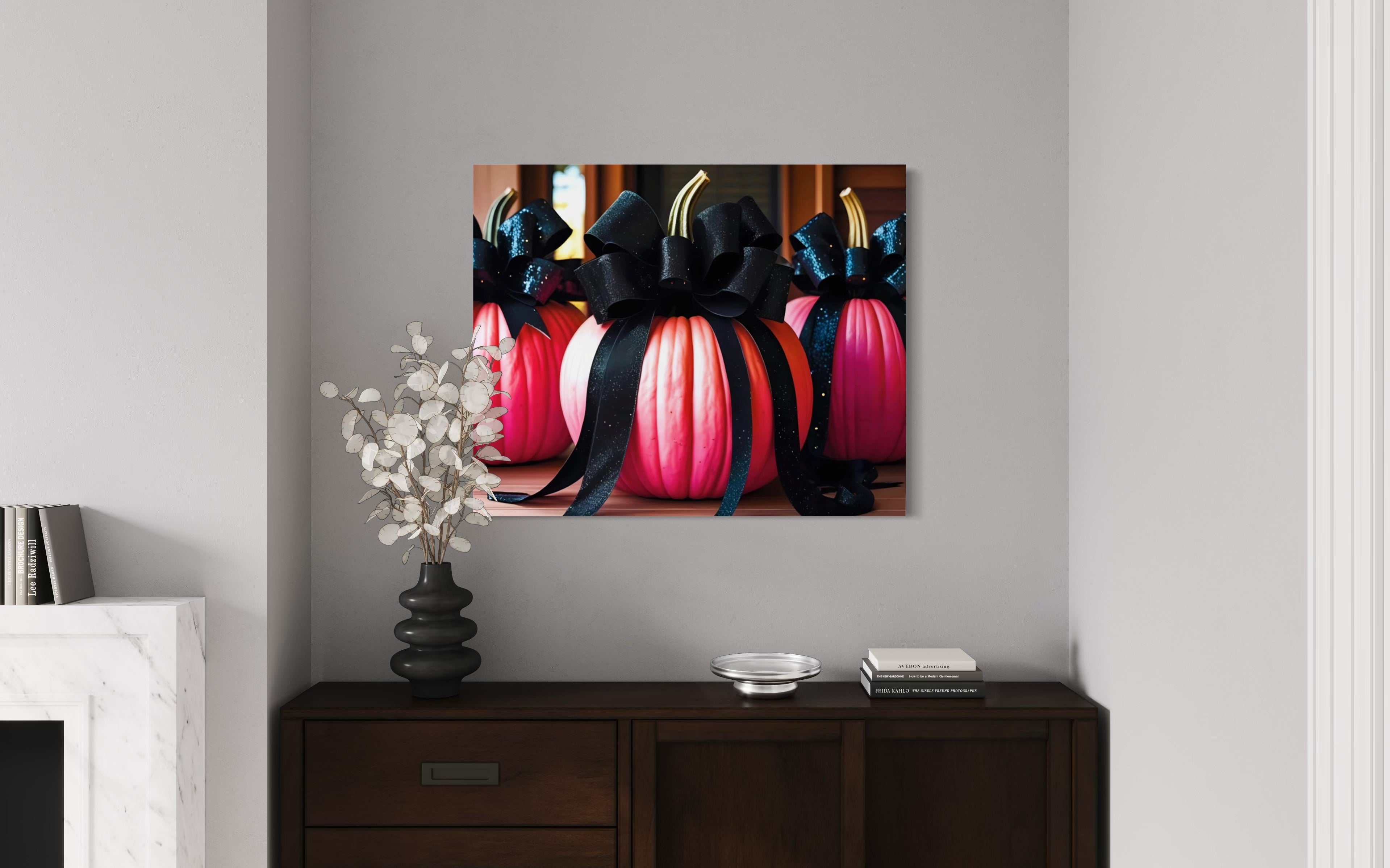 Pink Porch Pumpkins with Black Glittering and Velvet Bows