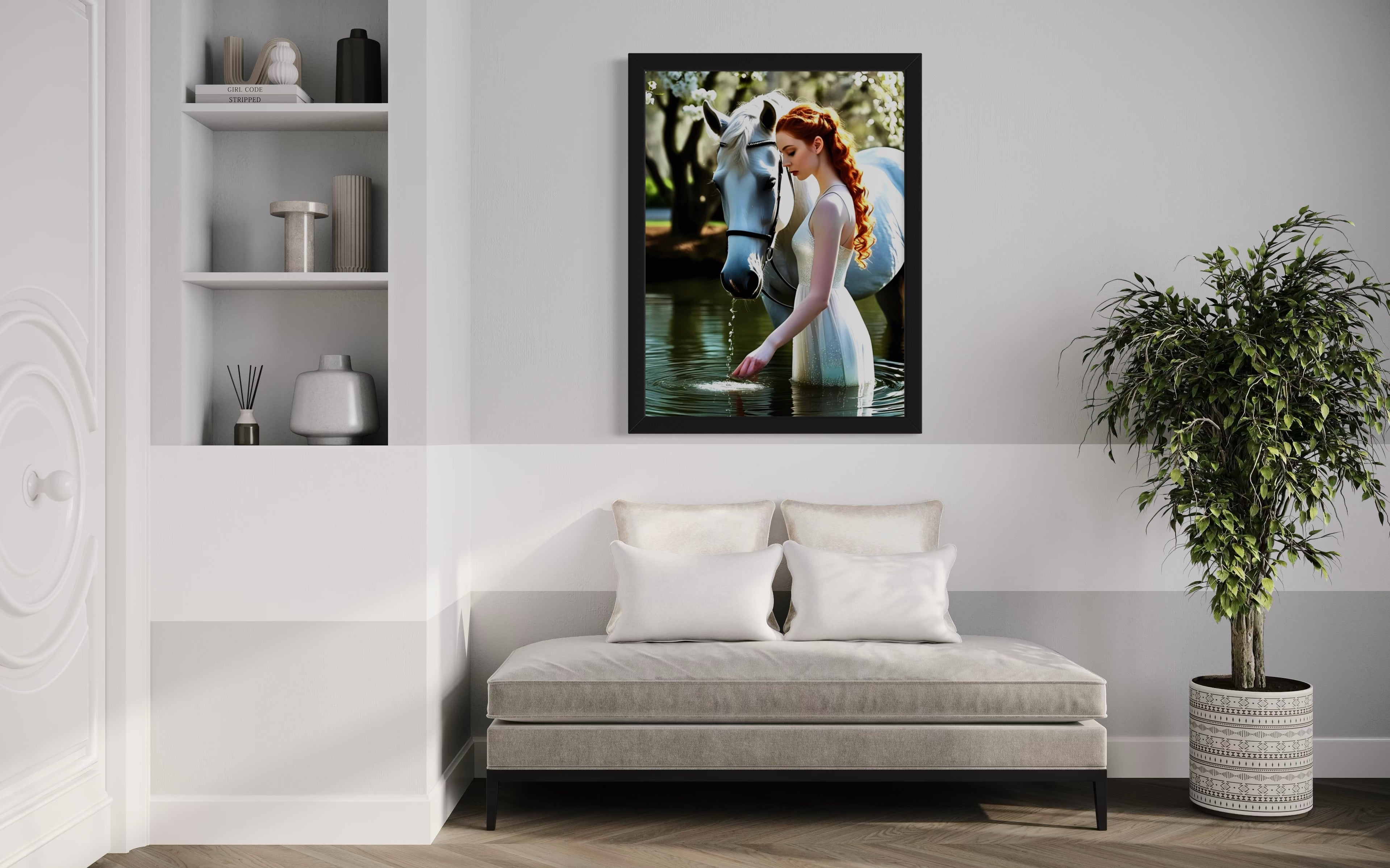 Red Head and White Horse in Tranquil Pond