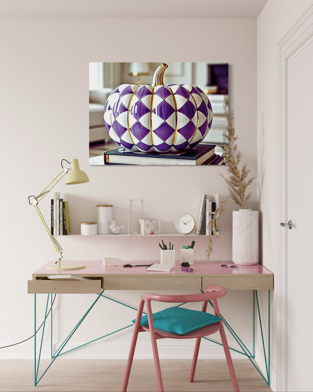 Purple and Gold Checkered Ceramic Pumpkin