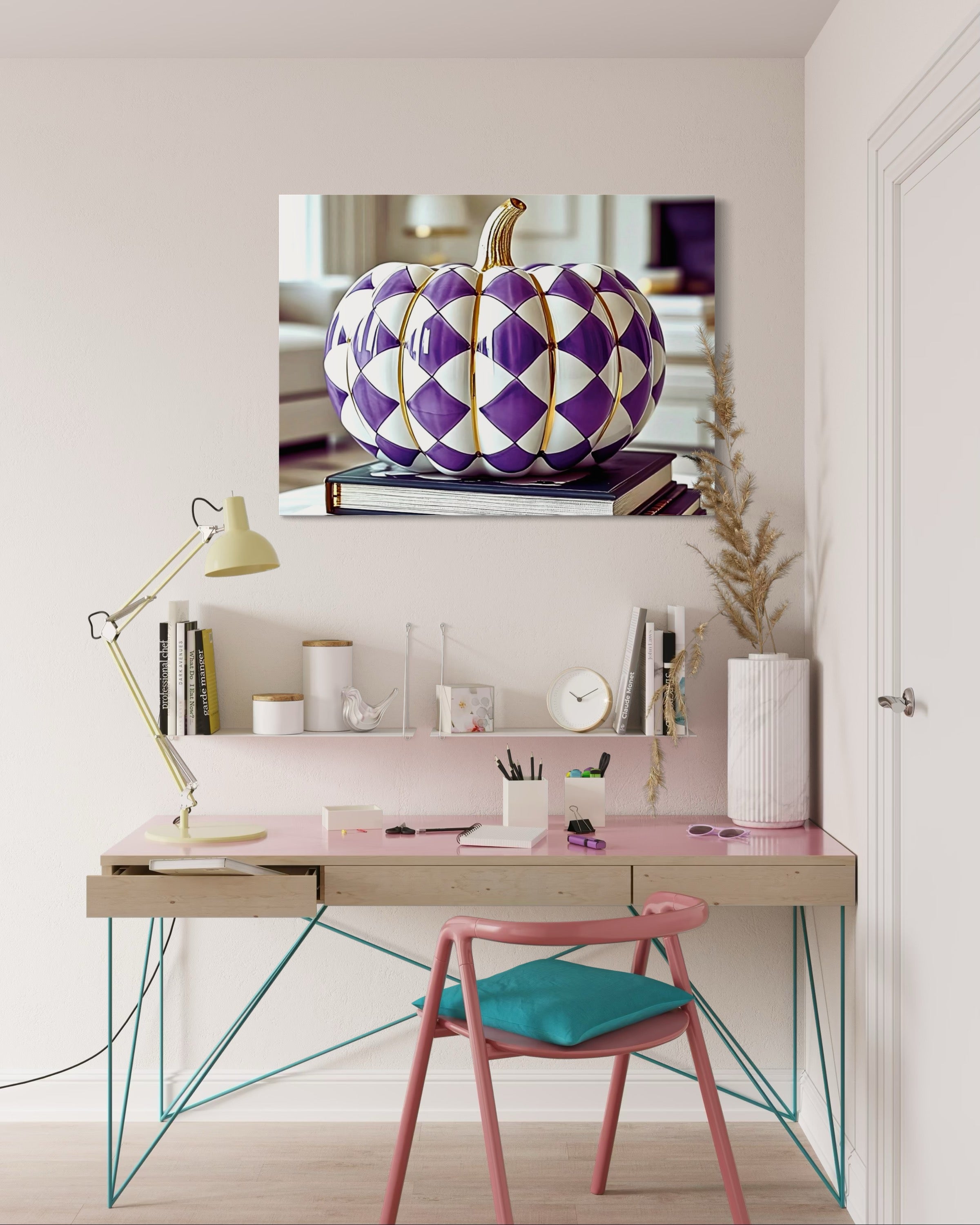 Purple and Gold Checkered Ceramic Pumpkin