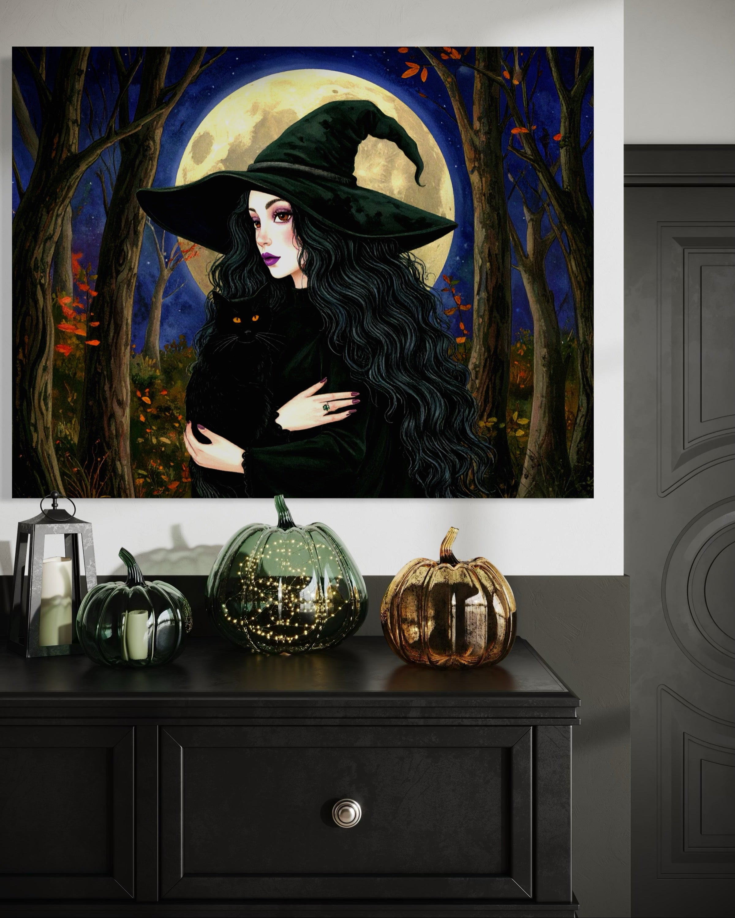 Witch and Cat in Moonlight