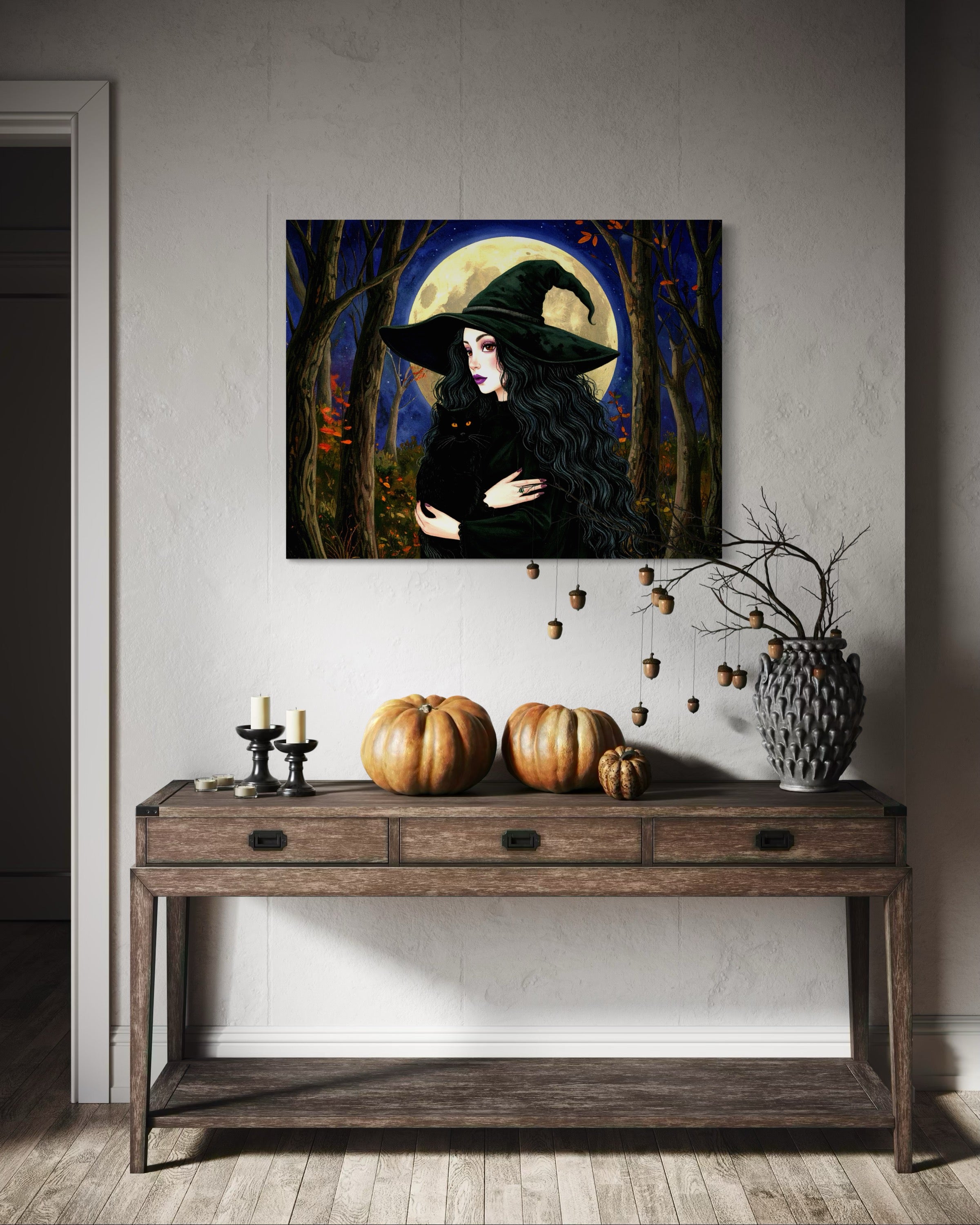 Witch and Cat in Moonlight