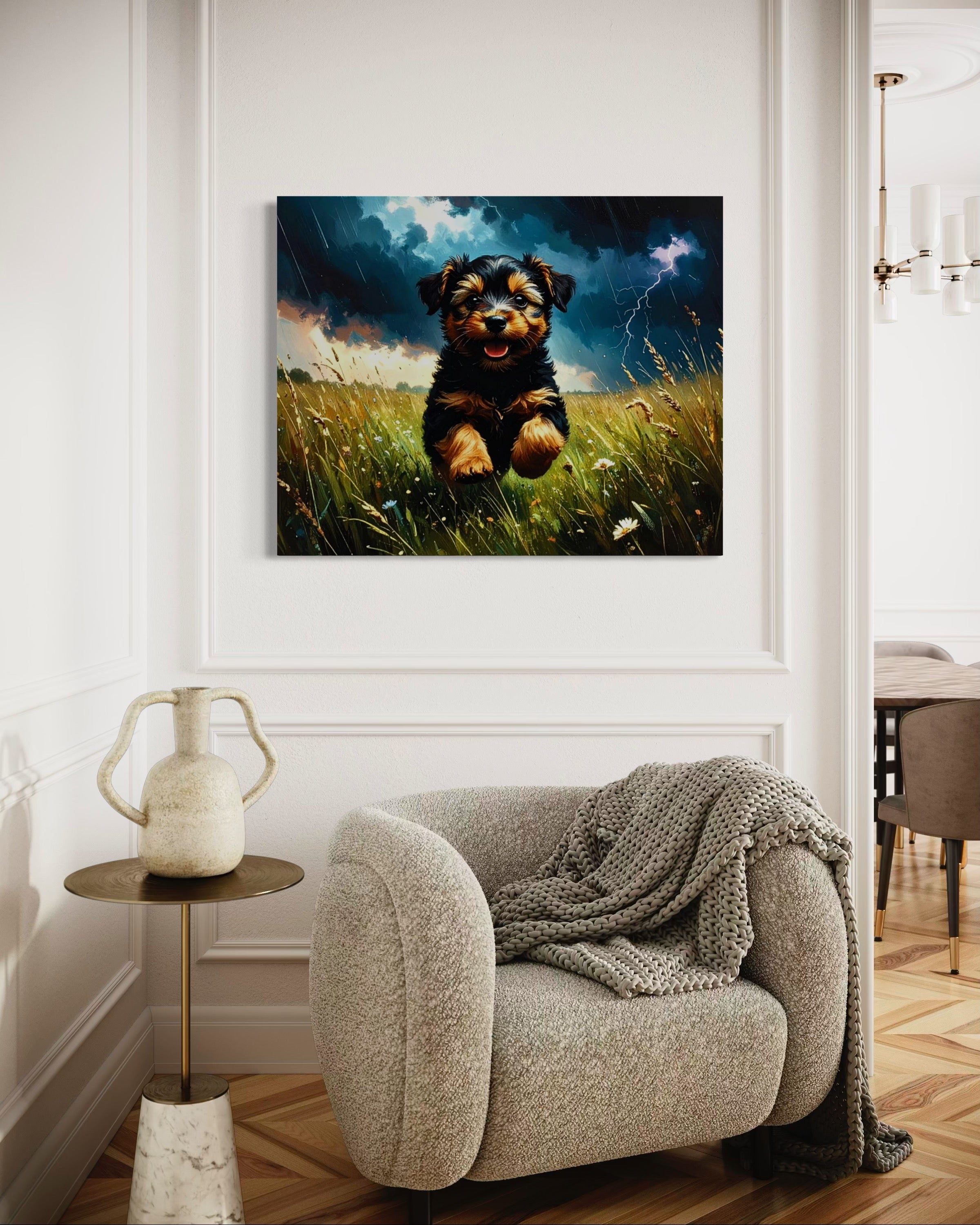 Yorkie in a Stormy Meadow