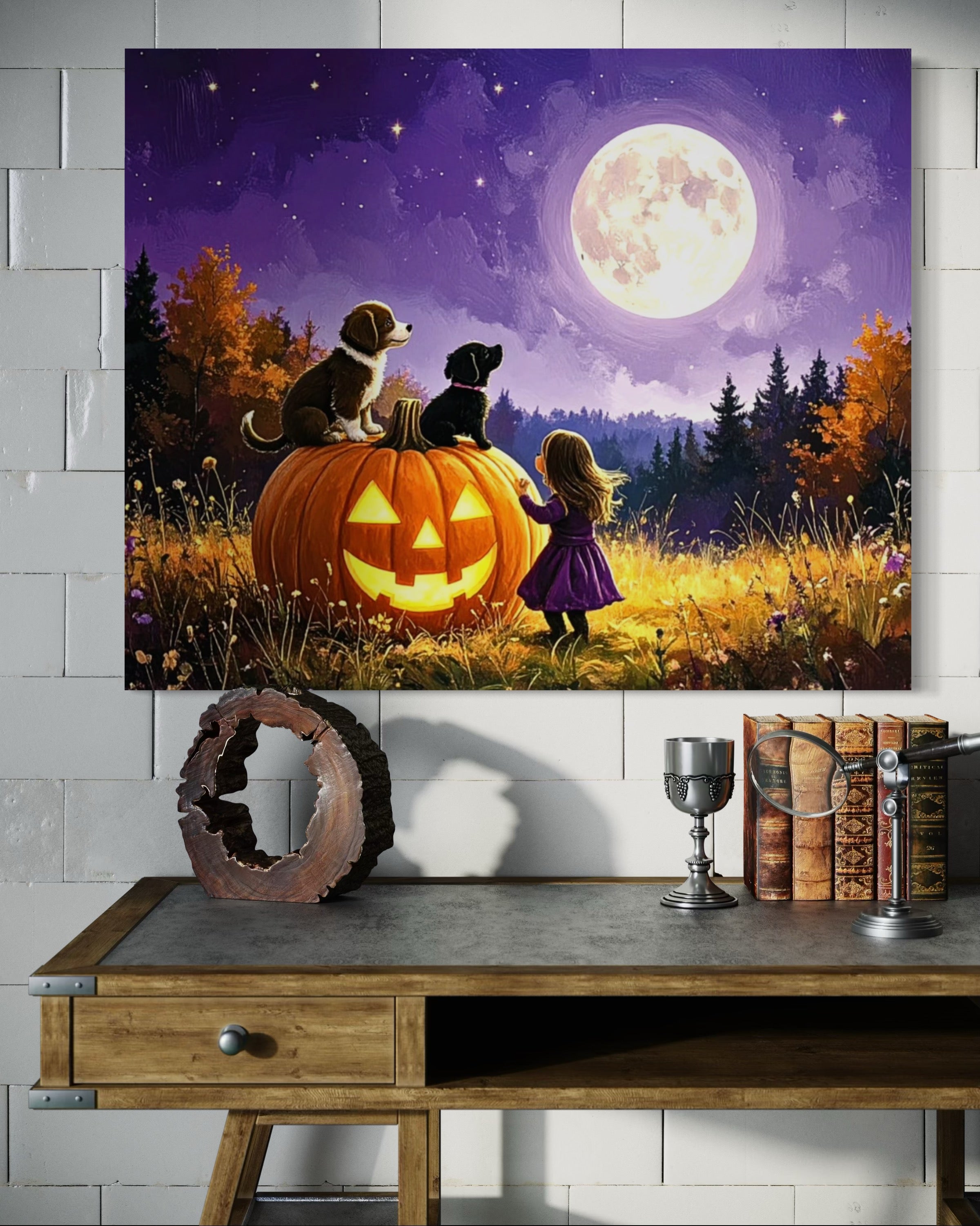 Little Girl and Puppies in the Moonlight