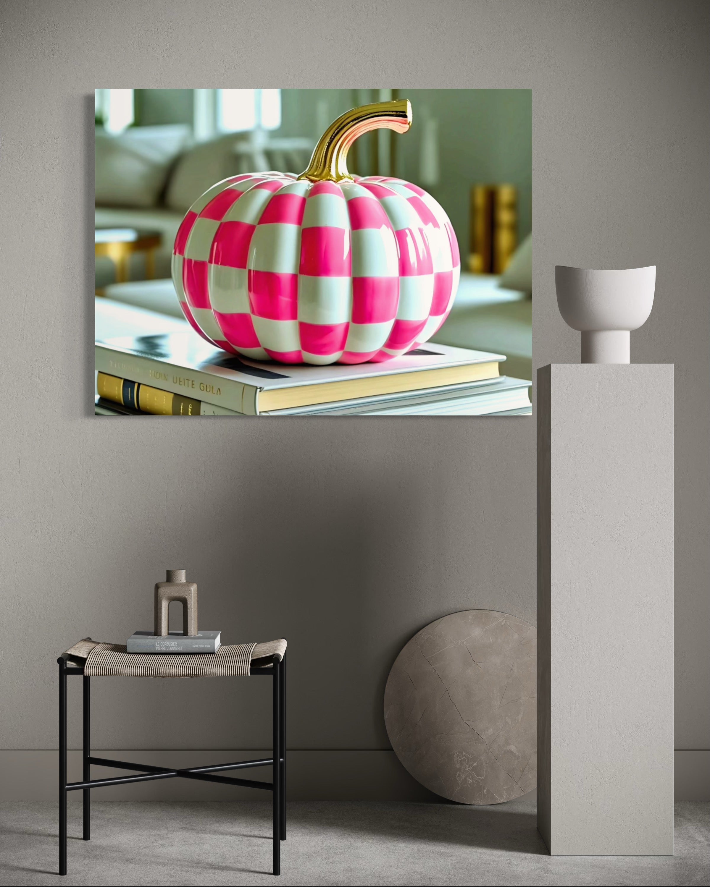 Pink and White Checkered Gold Stem Ceramic Pumpkin