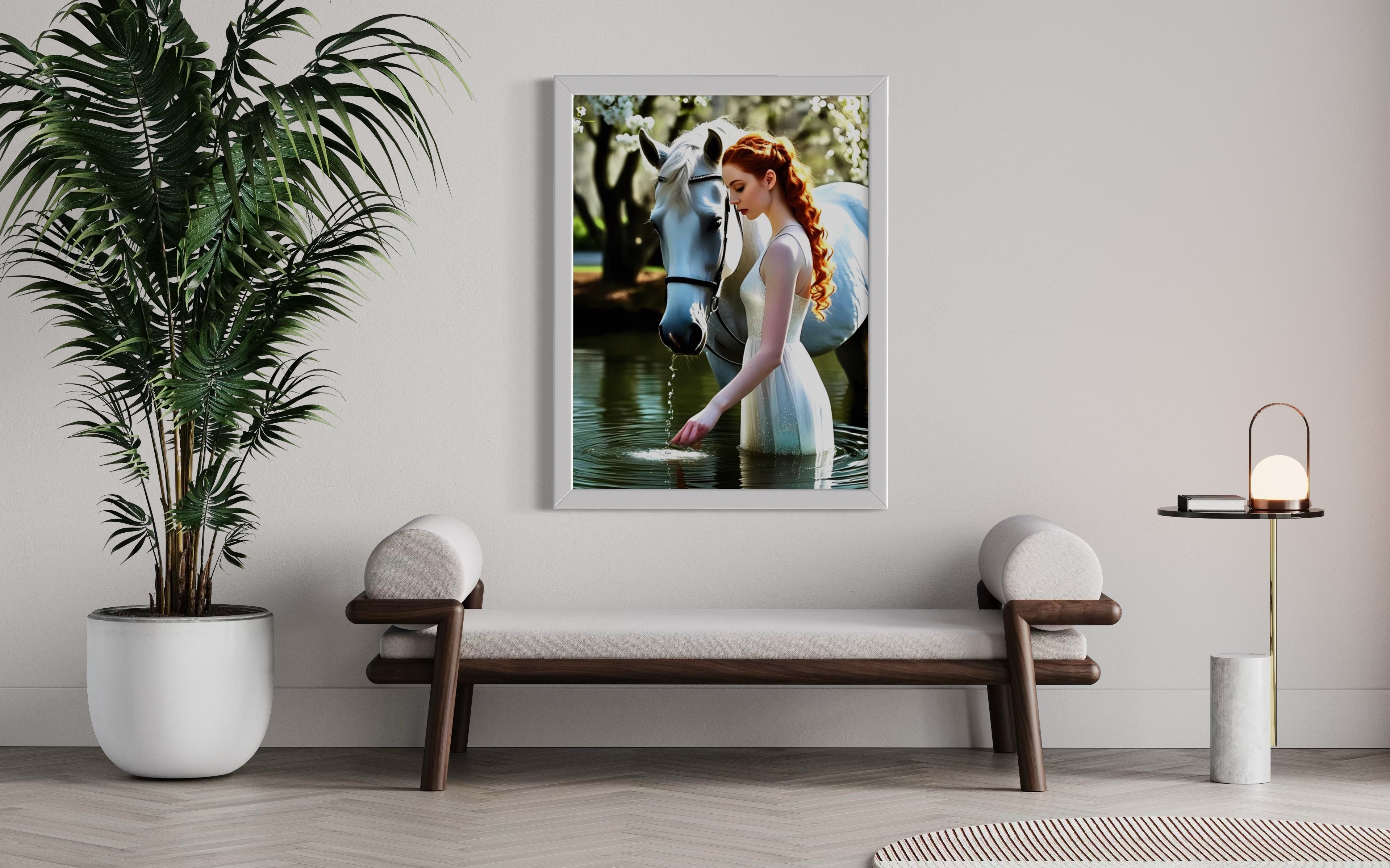 Red Head and White Horse in Tranquil Pond