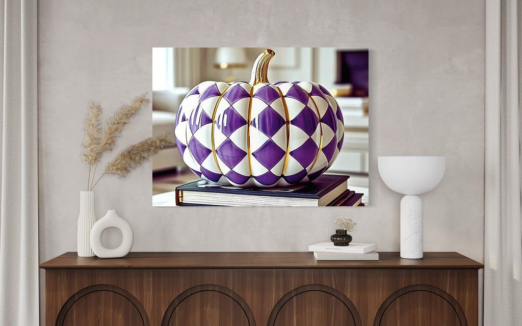 Purple and Gold Checkered Ceramic Pumpkin