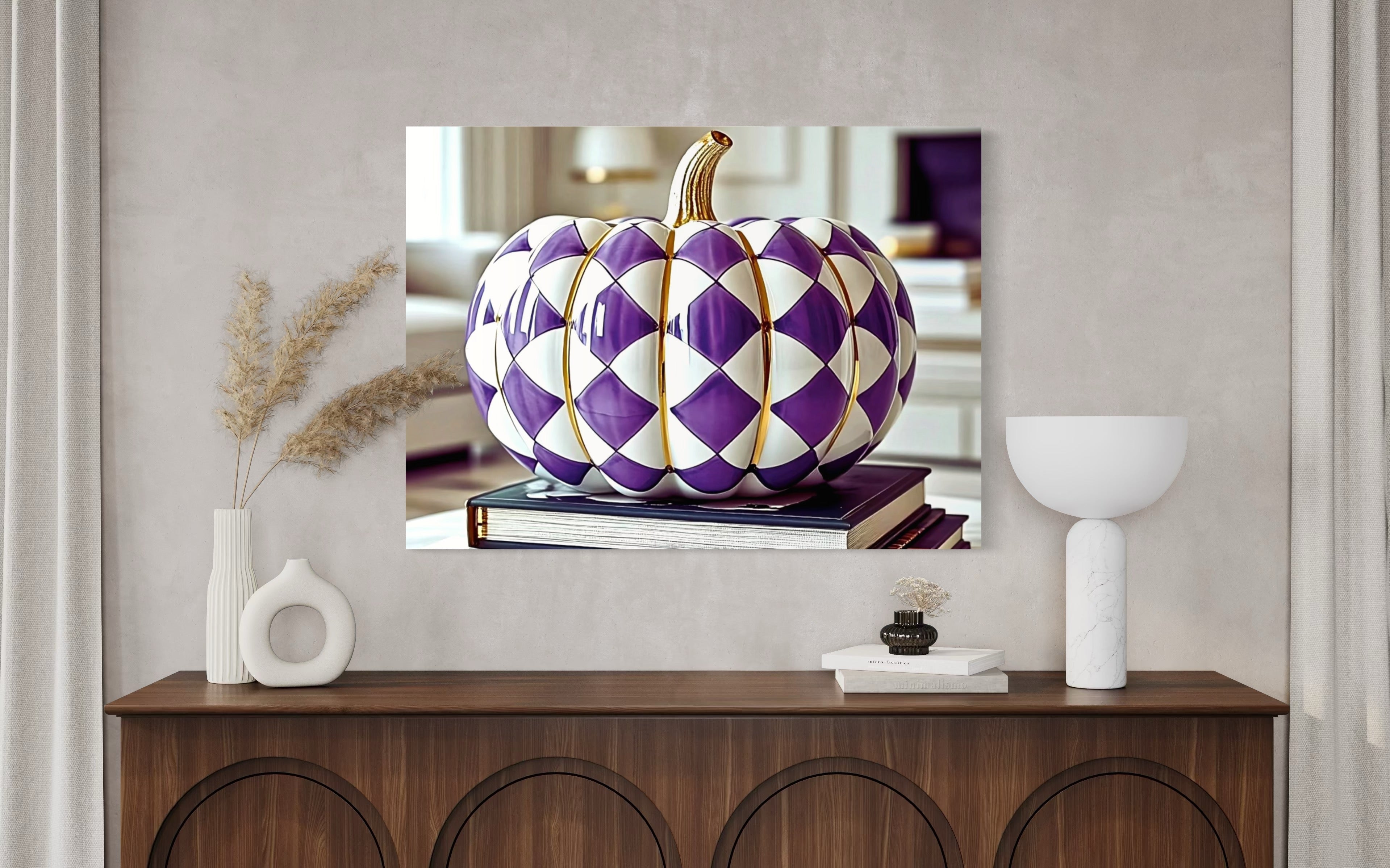 Purple and Gold Checkered Ceramic Pumpkin