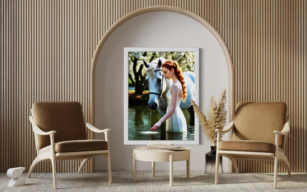 Red Head and White Horse in Tranquil Pond