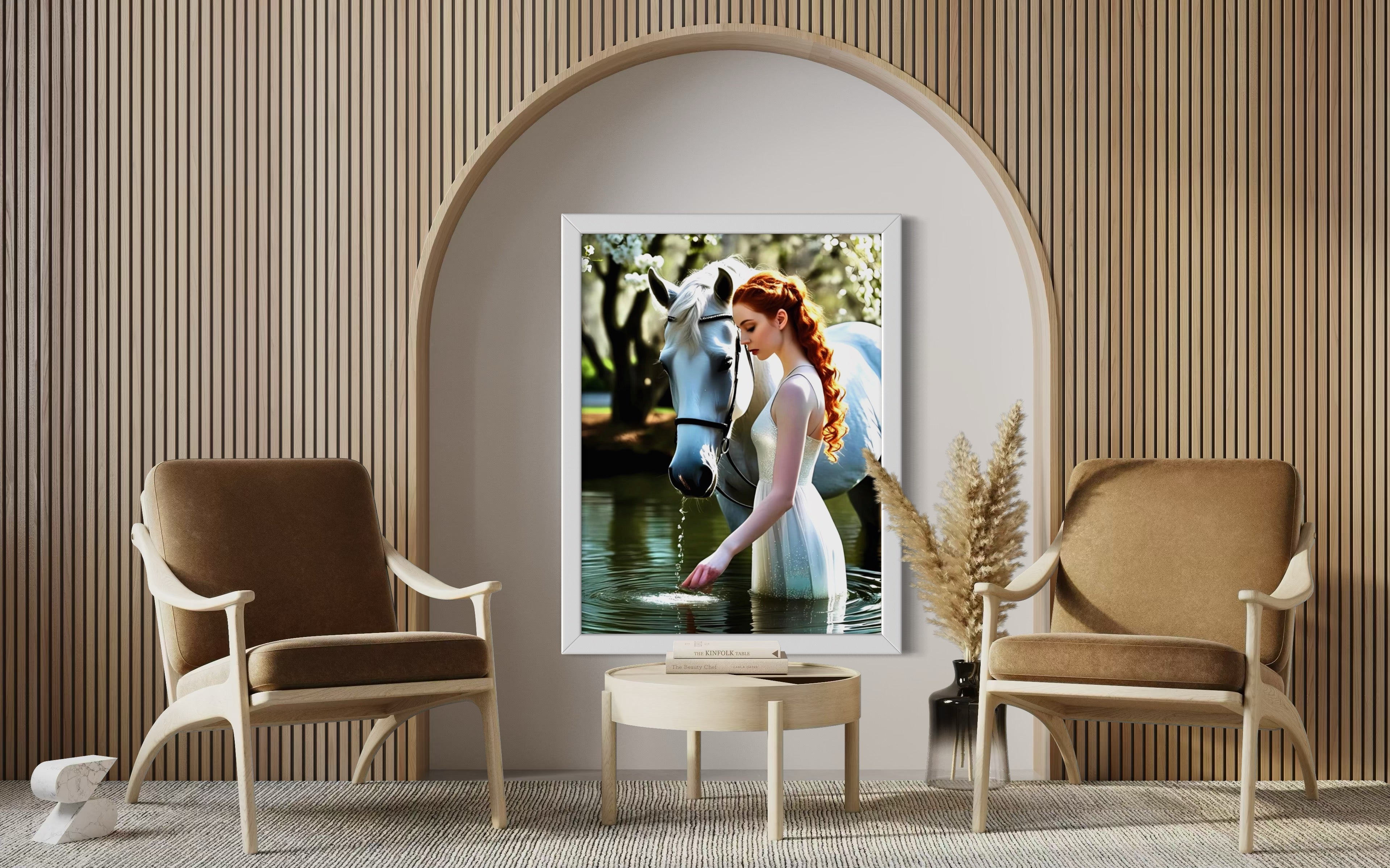 Red Head and White Horse in Tranquil Pond