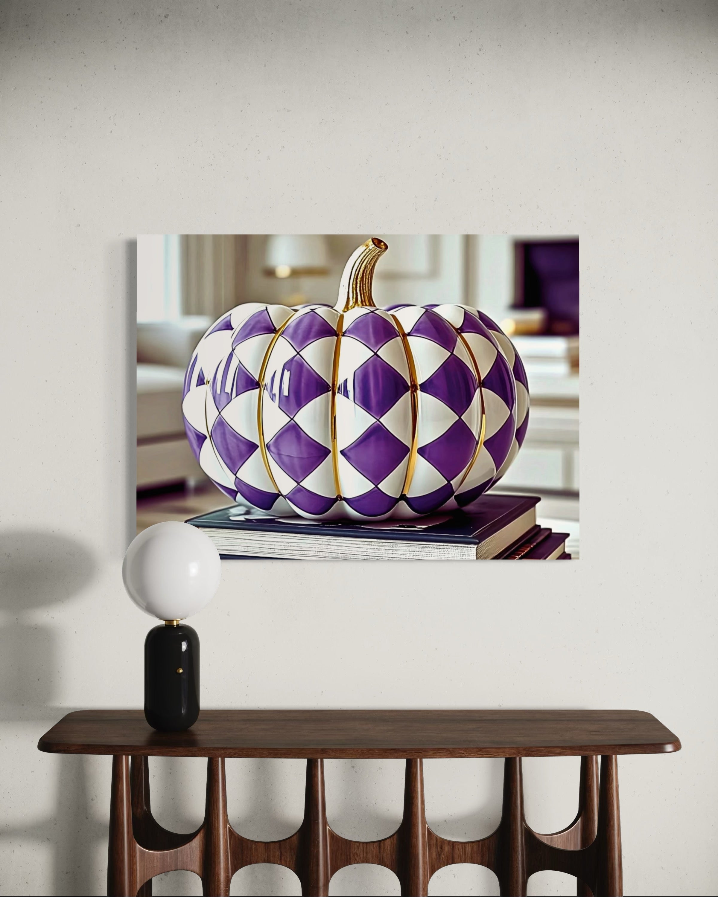 Purple and Gold Checkered Ceramic Pumpkin