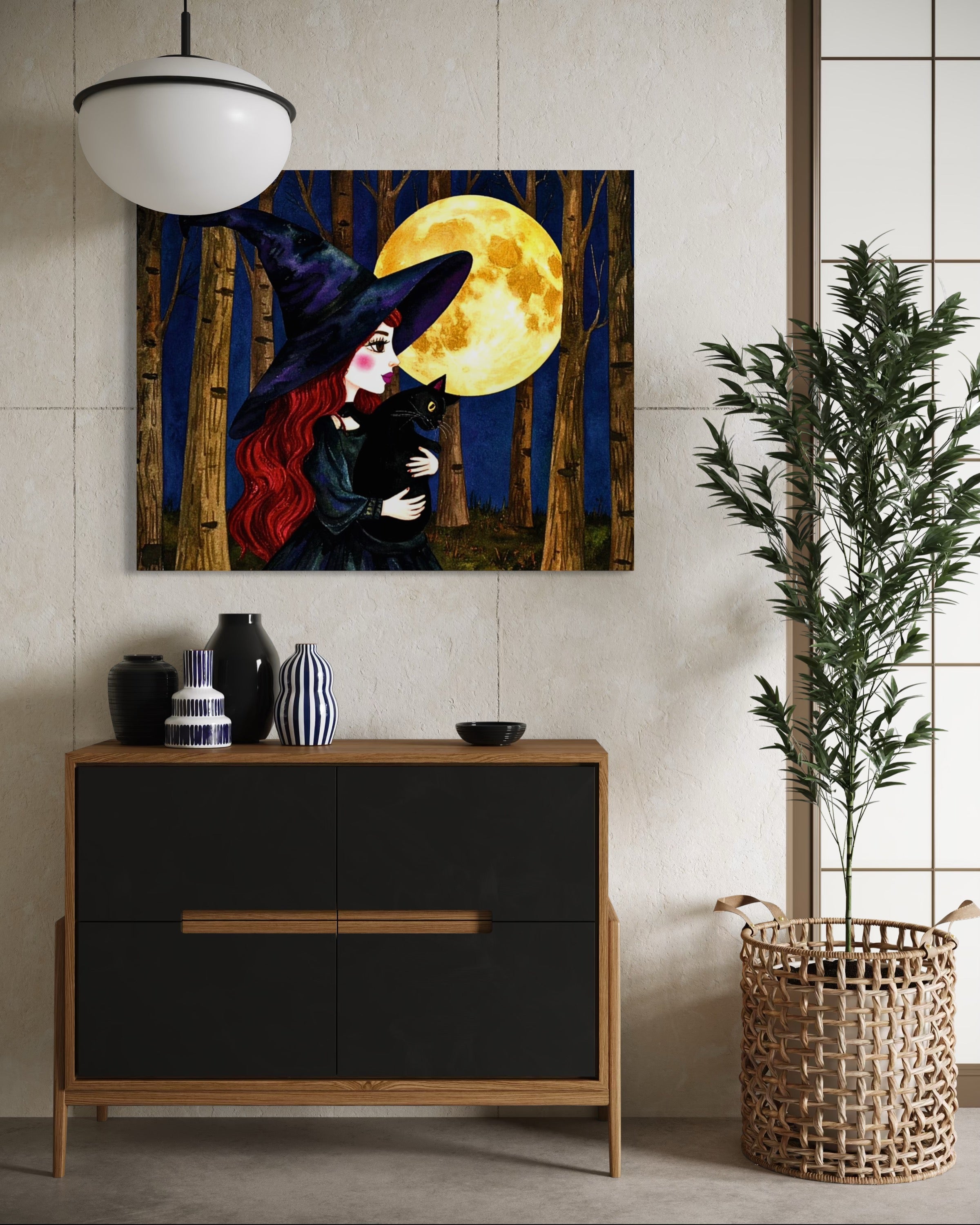 Red Witch with Cat in Moonlight