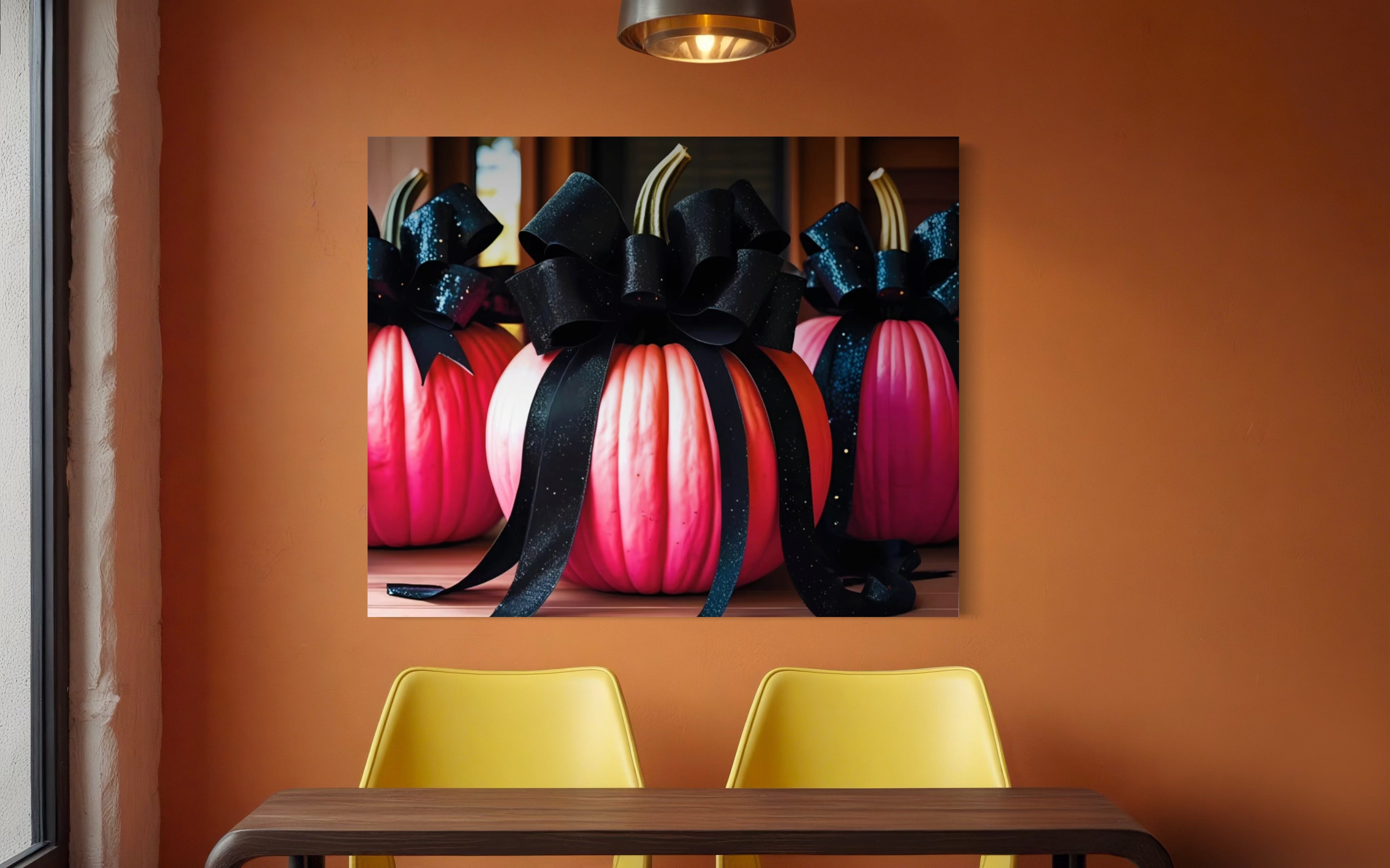 Pink Porch Pumpkins with Black Glittering and Velvet Bows