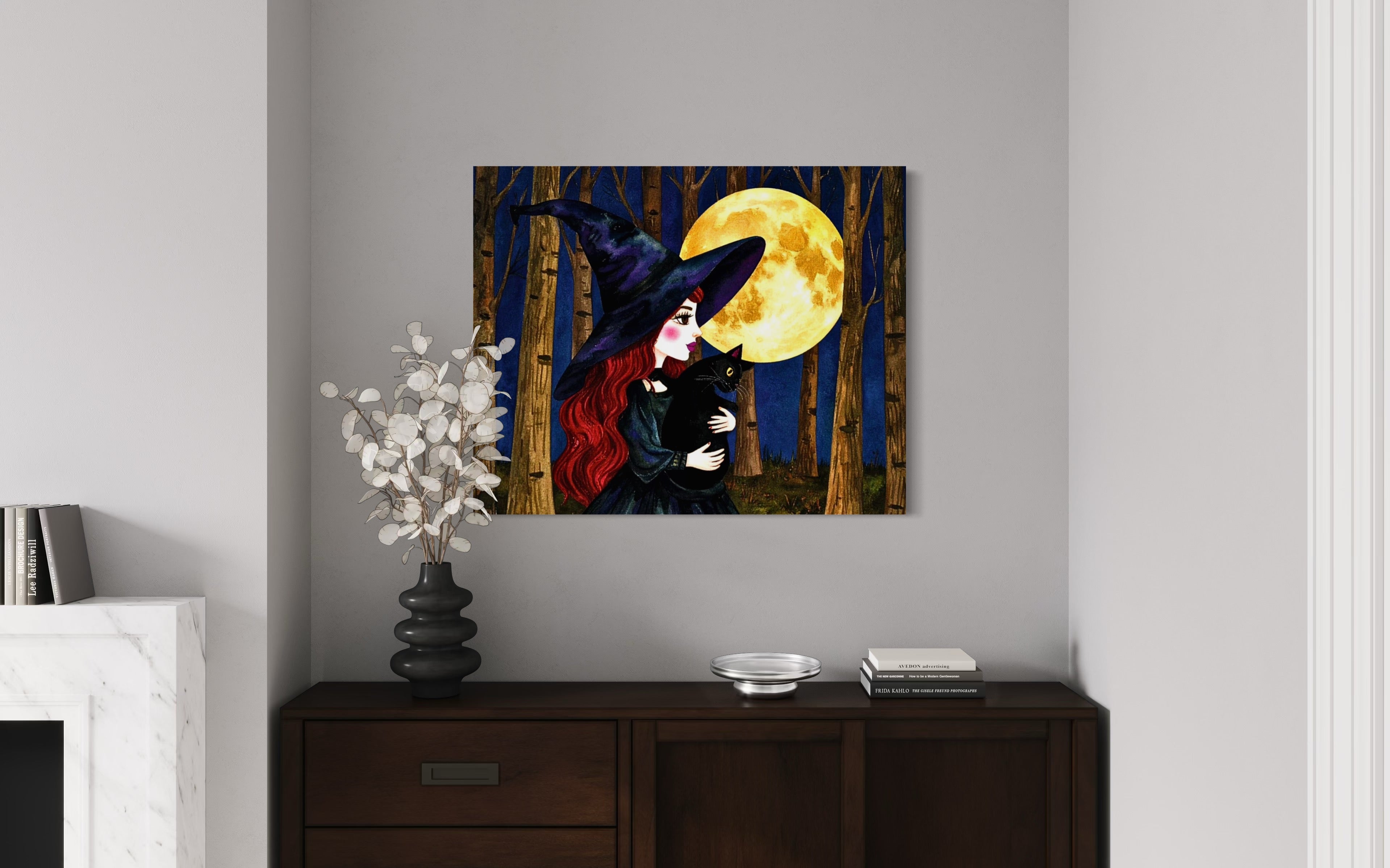 Red Witch with Cat in Moonlight