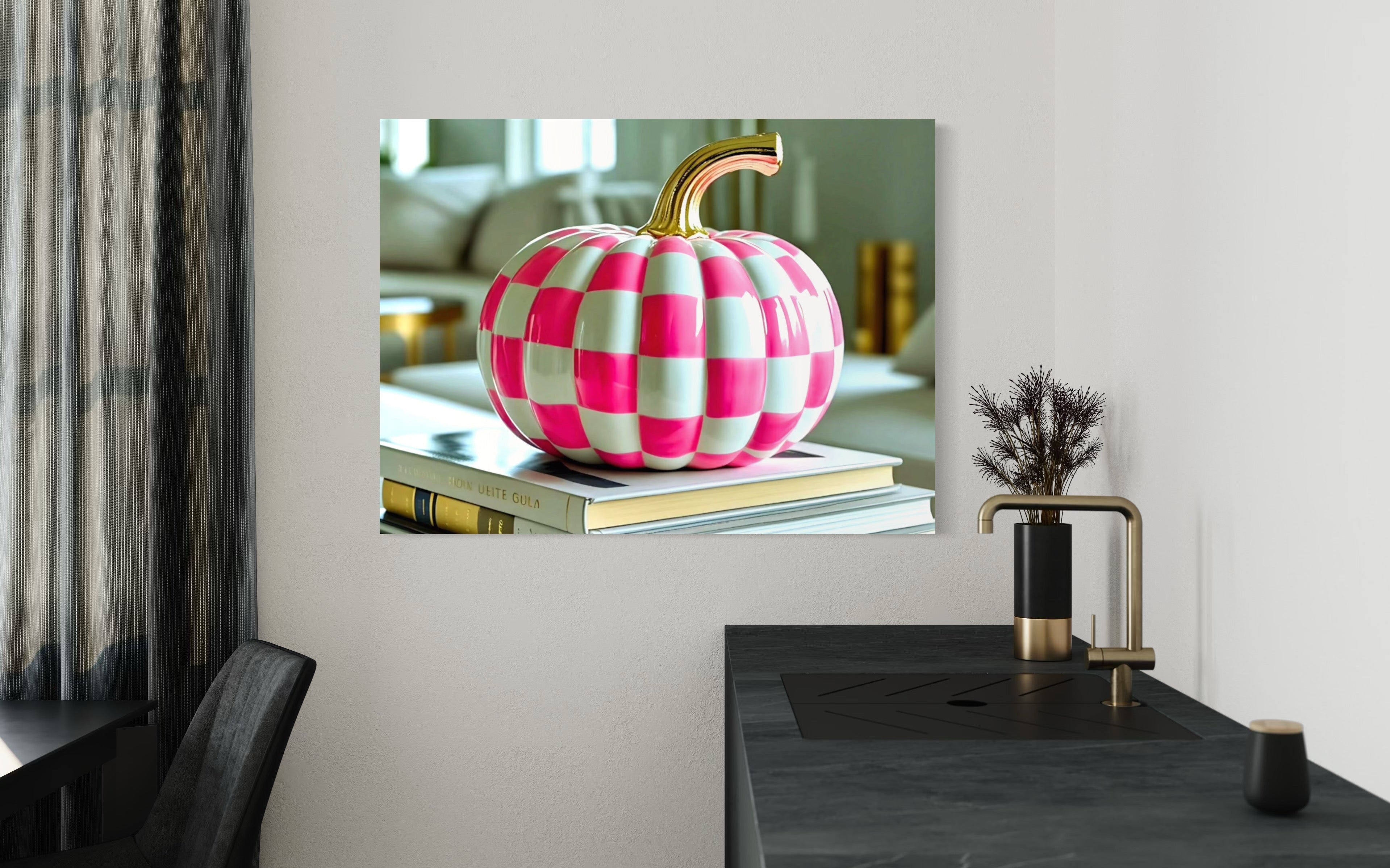 Pink and White Checkered Gold Stem Ceramic Pumpkin