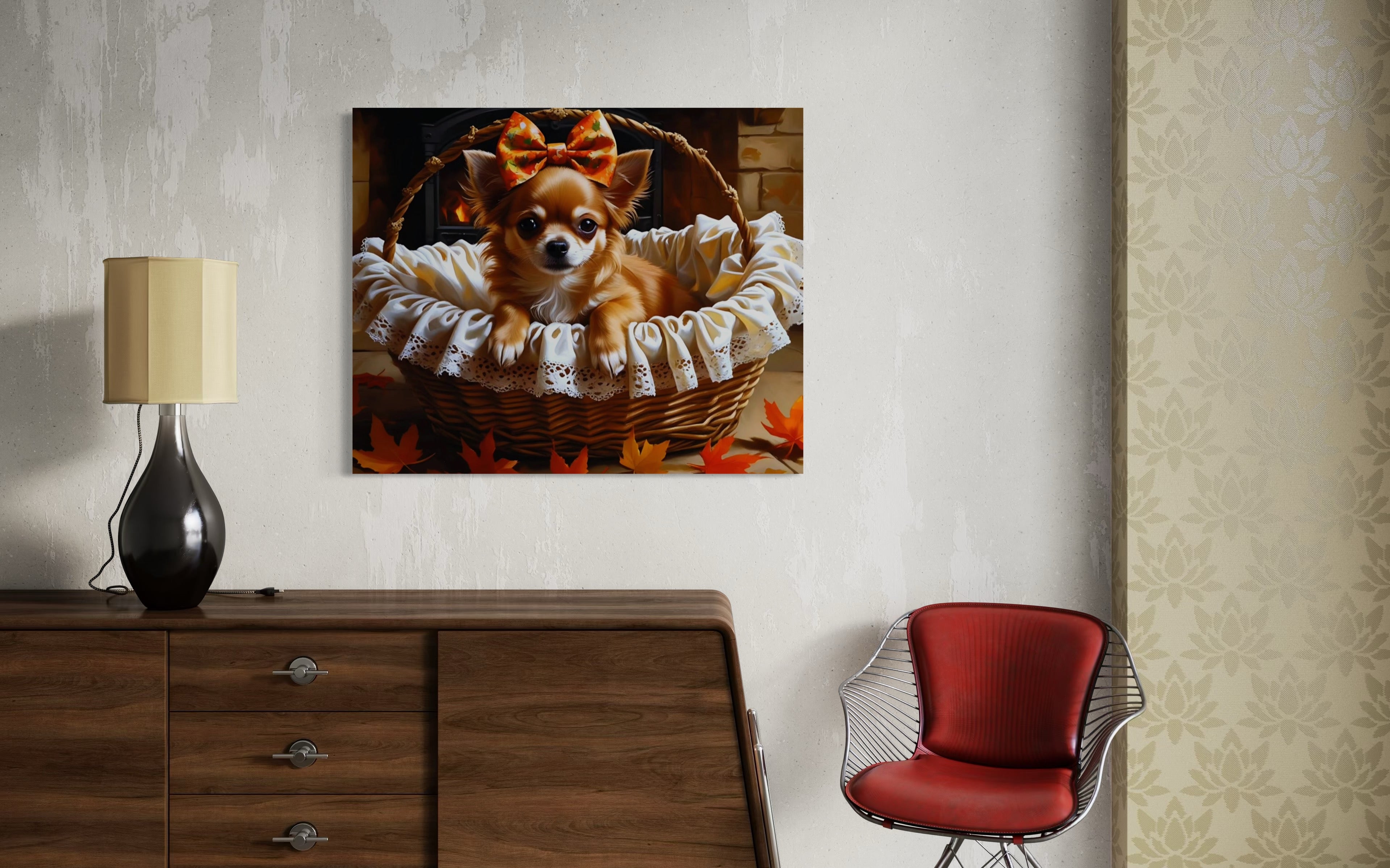 Autumn Chihuahua with Bow in Basket