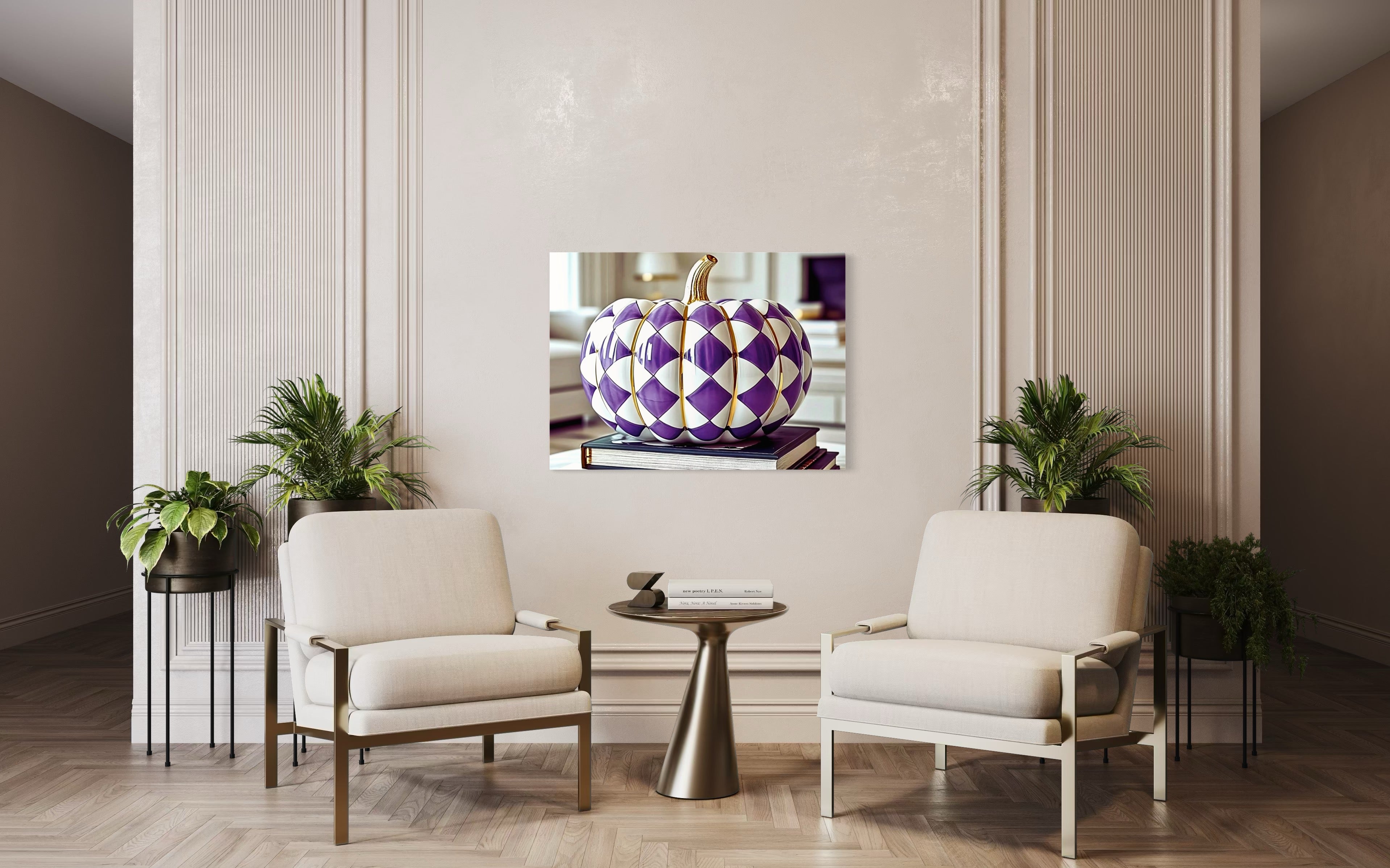 Purple and Gold Checkered Ceramic Pumpkin