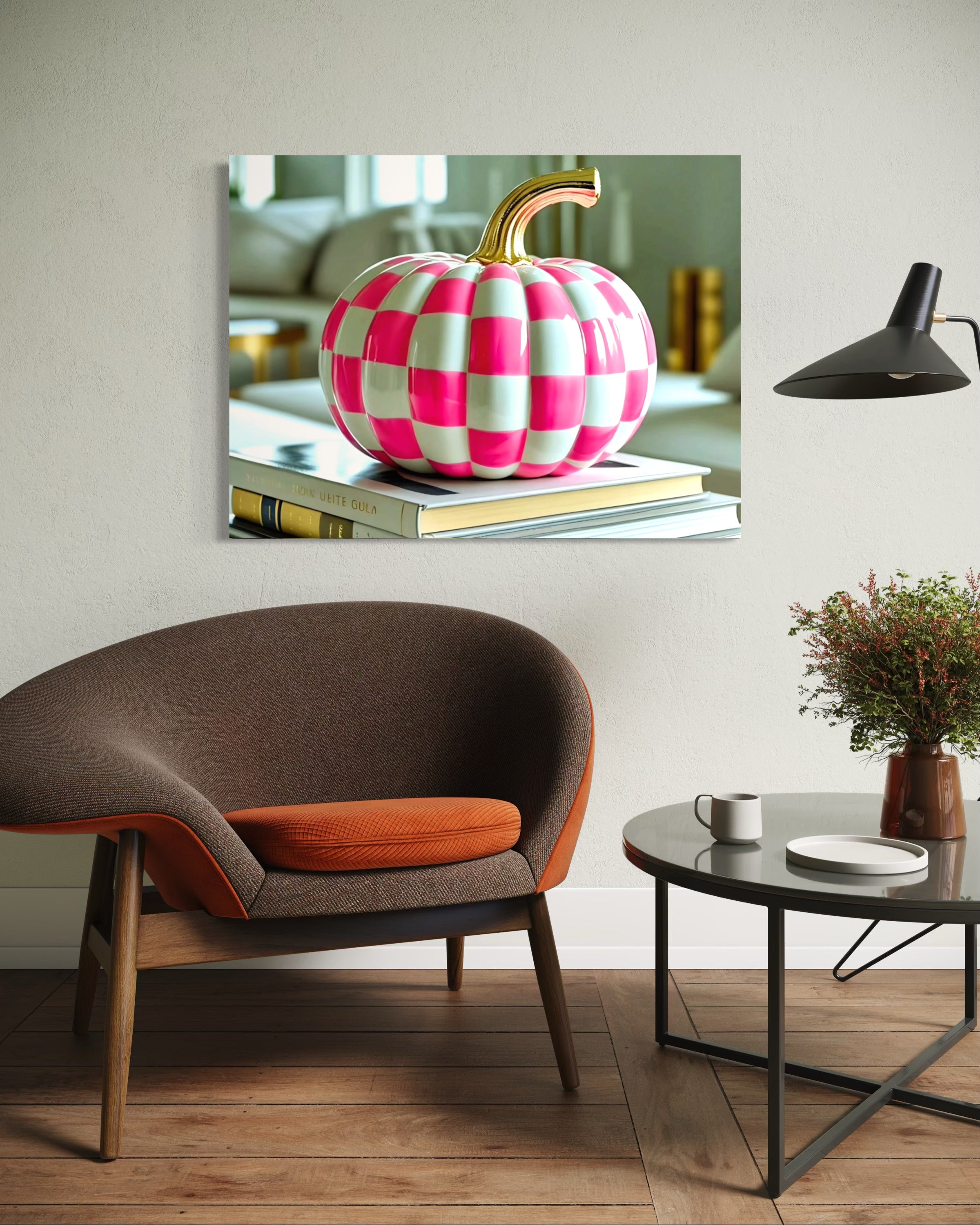 Pink and White Checkered Gold Stem Ceramic Pumpkin