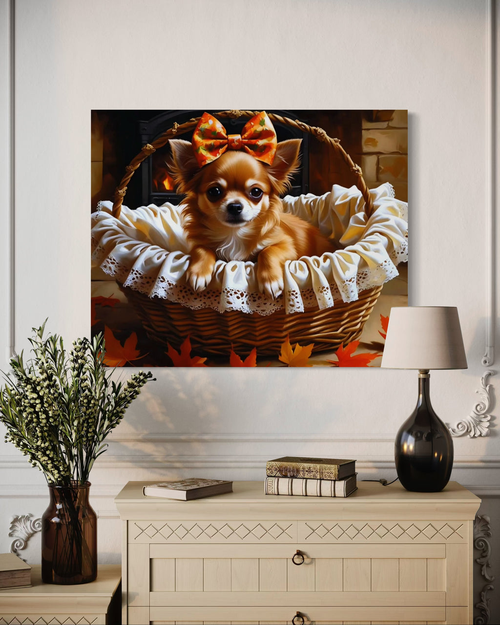Autumn Chihuahua with Bow in Basket