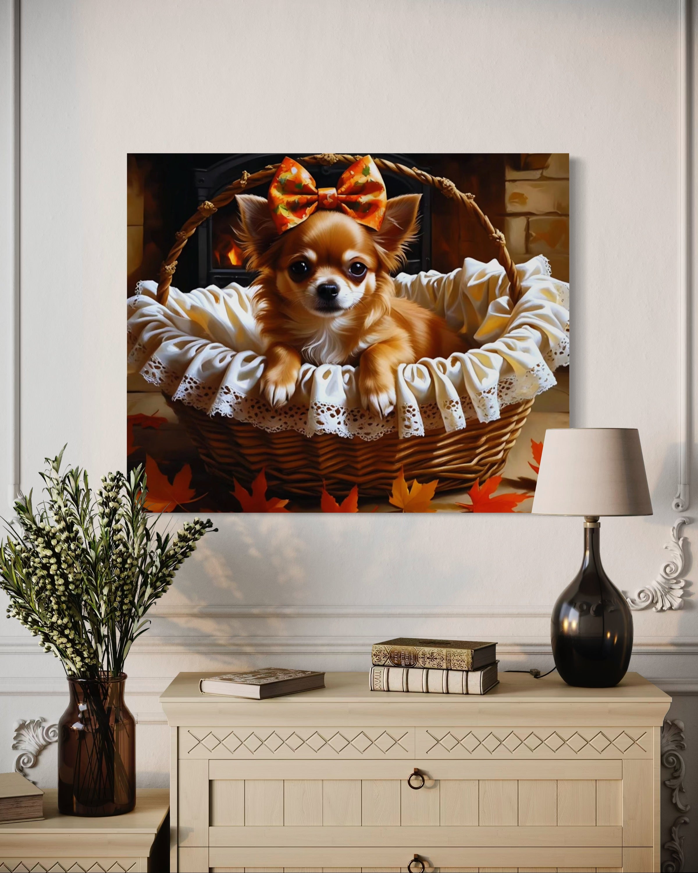 Autumn Chihuahua with Bow in Basket