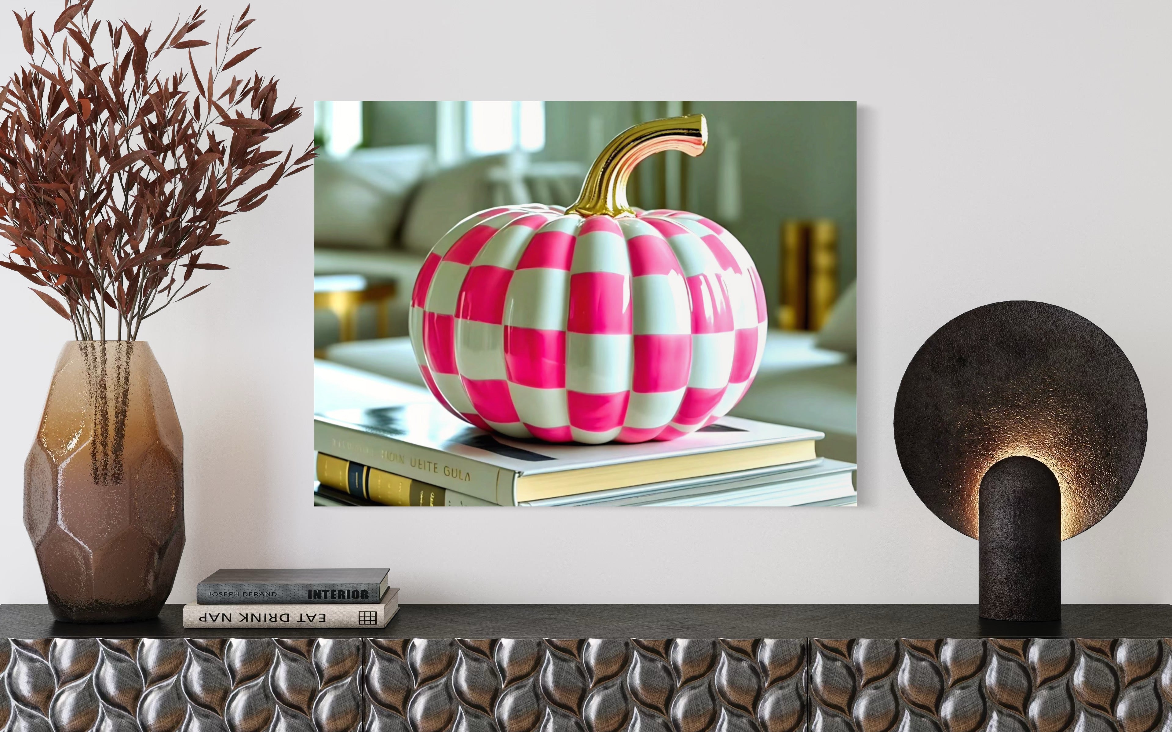 Pink and White Checkered Gold Stem Ceramic Pumpkin