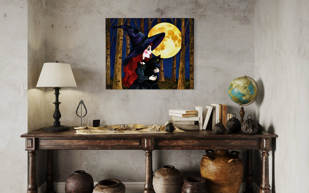 Red Witch with Cat in Moonlight