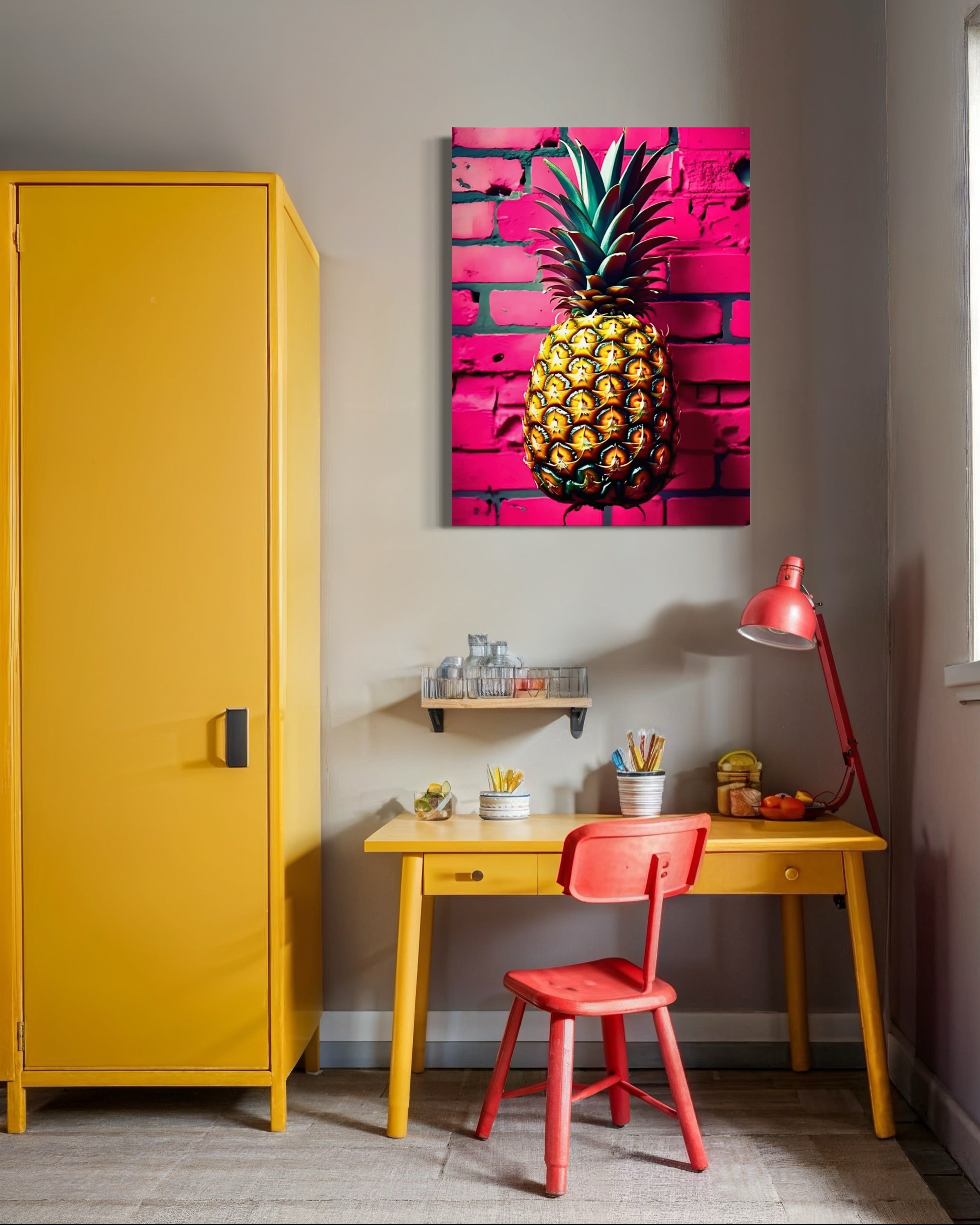 Vibrant Pineapple with Hot Pink Brick Background