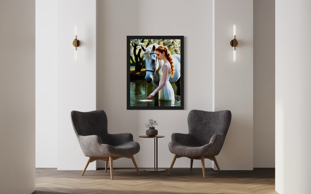 Red Head and White Horse in Tranquil Pond