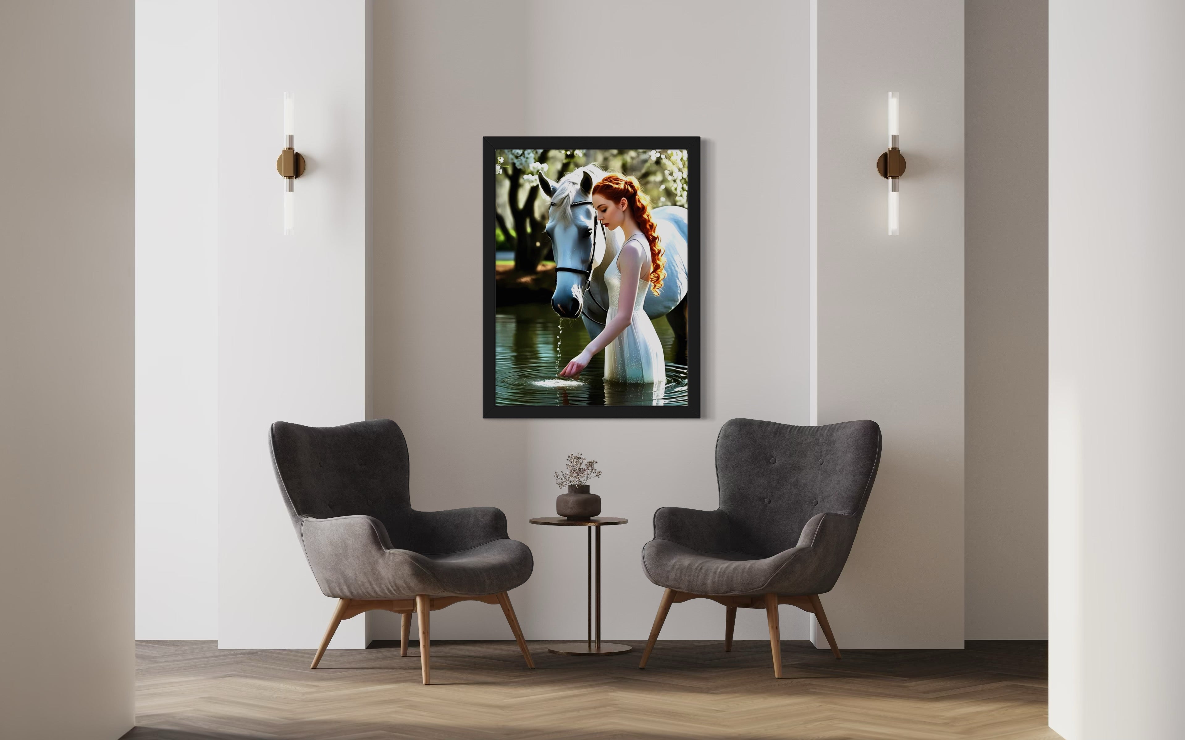 Red Head and White Horse in Tranquil Pond