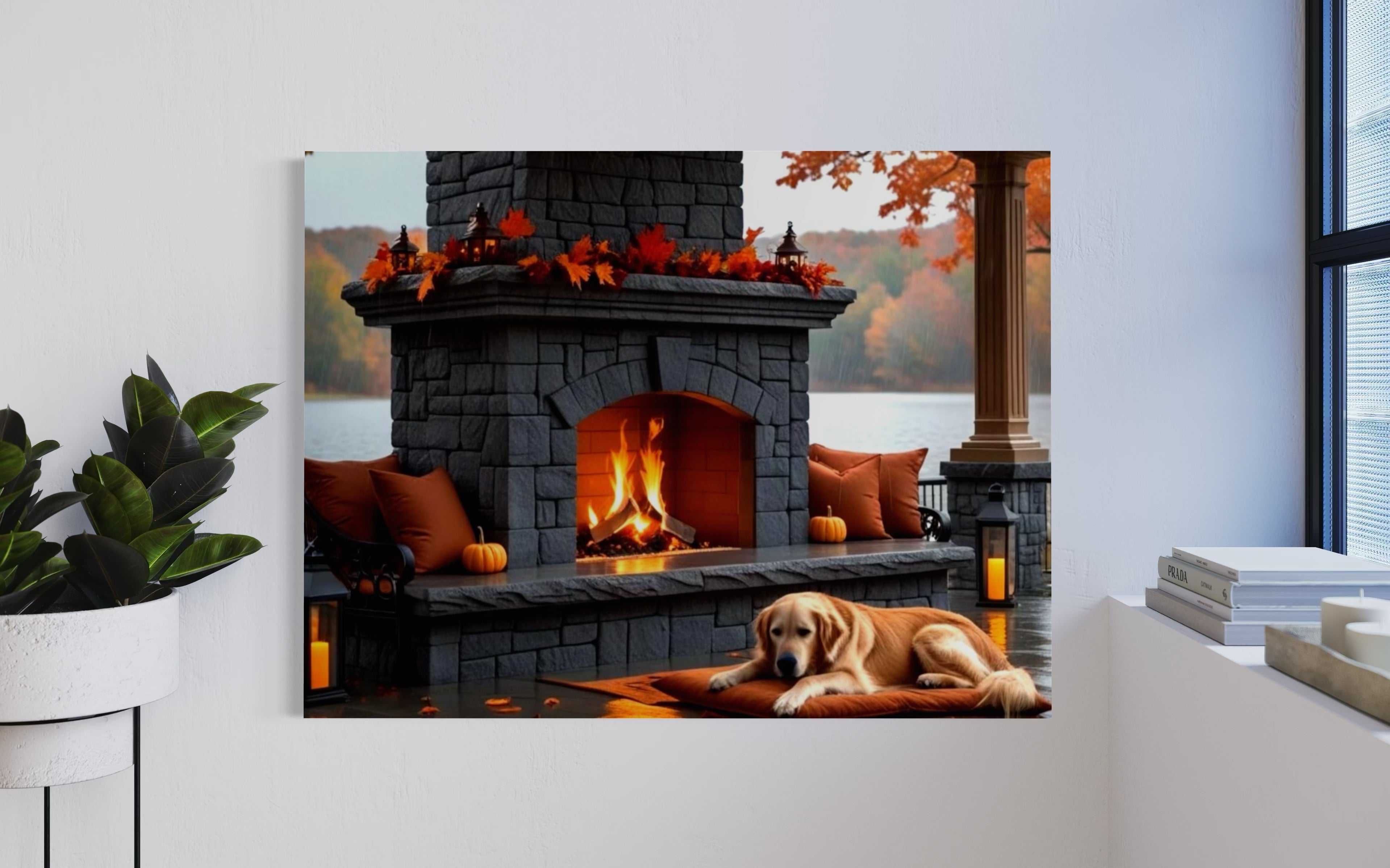 Fall fireplace on the Lake in the Rain