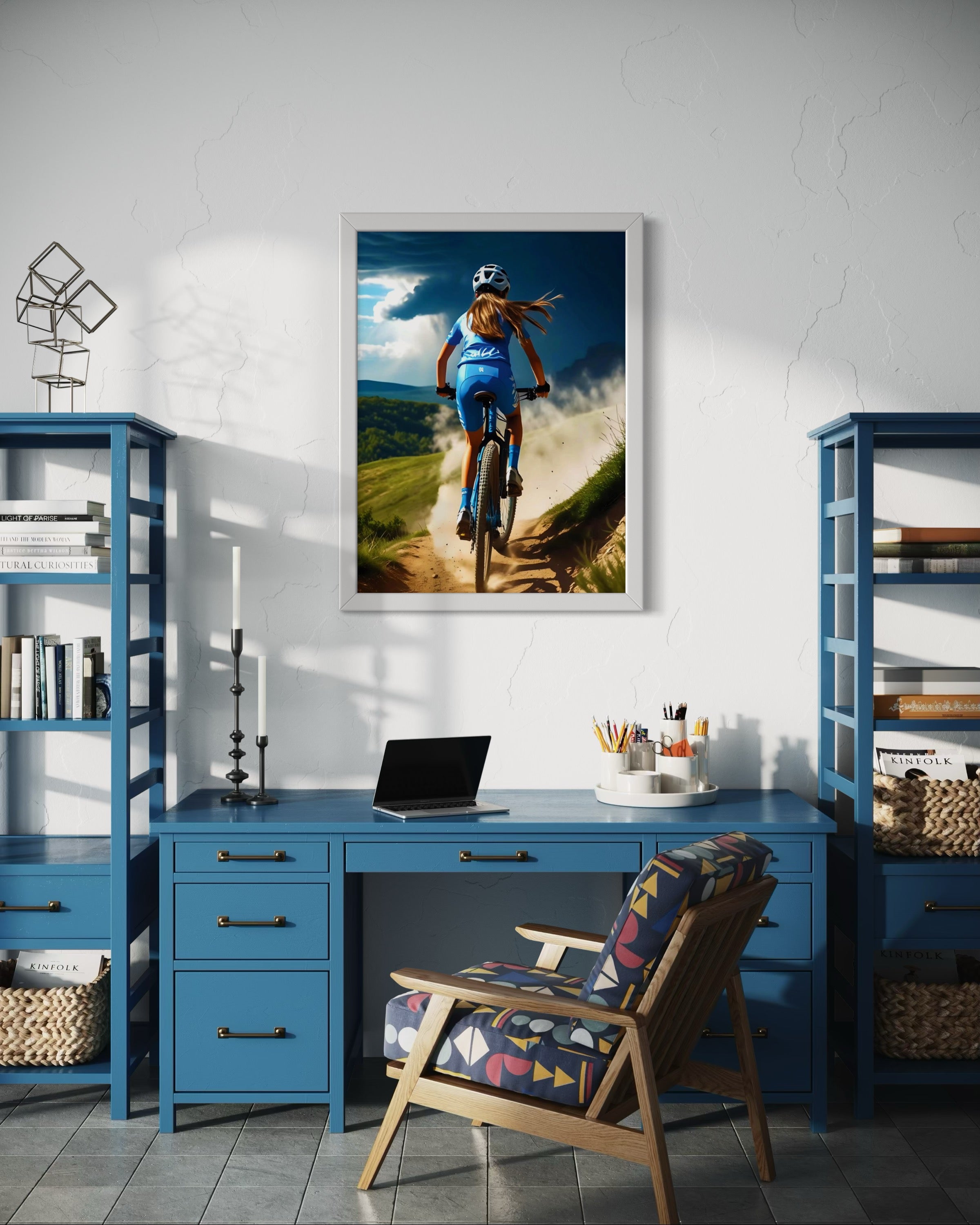Girl Mountain Biking Blue Museum Print