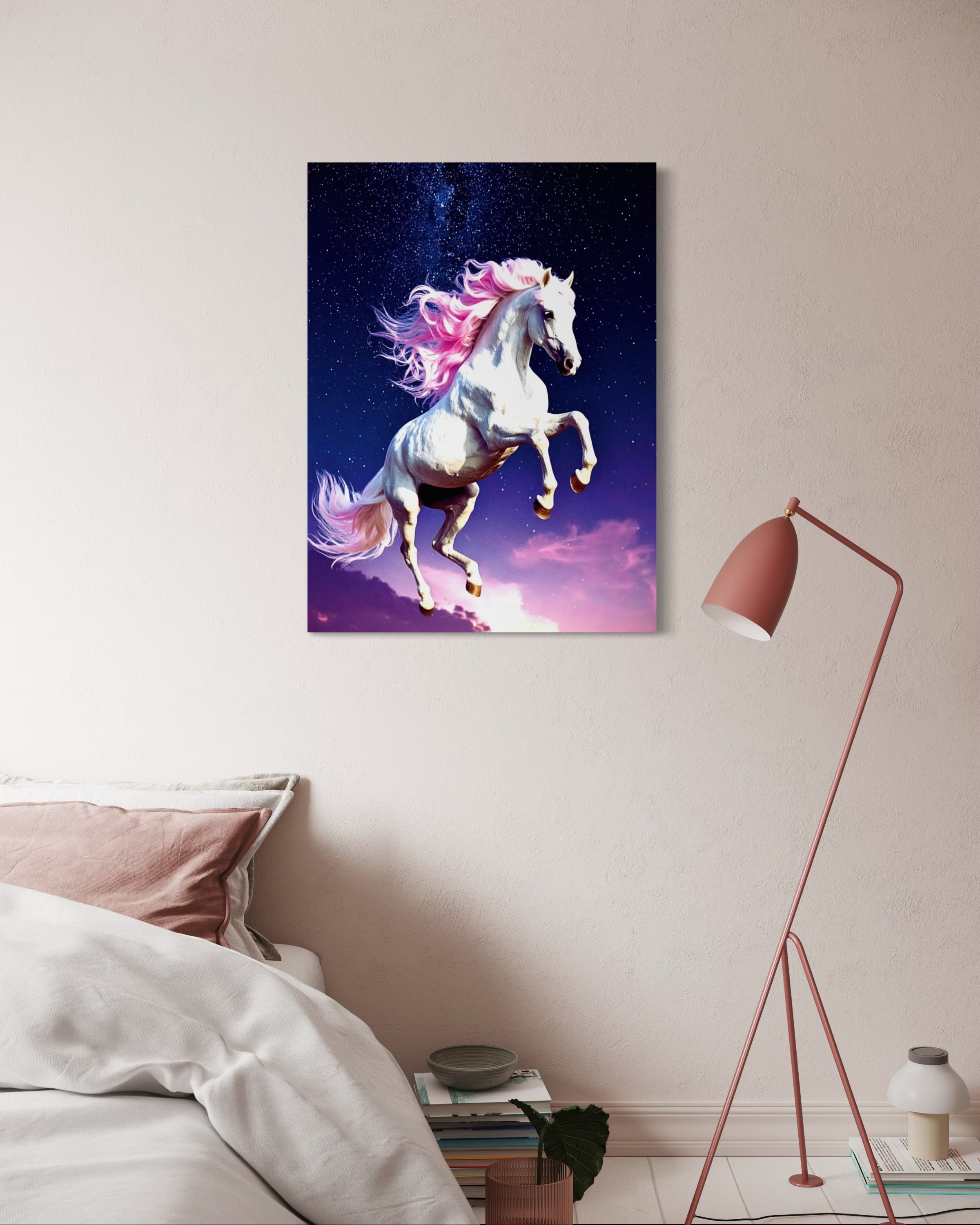 Jumping White Horse with Pink Hair
