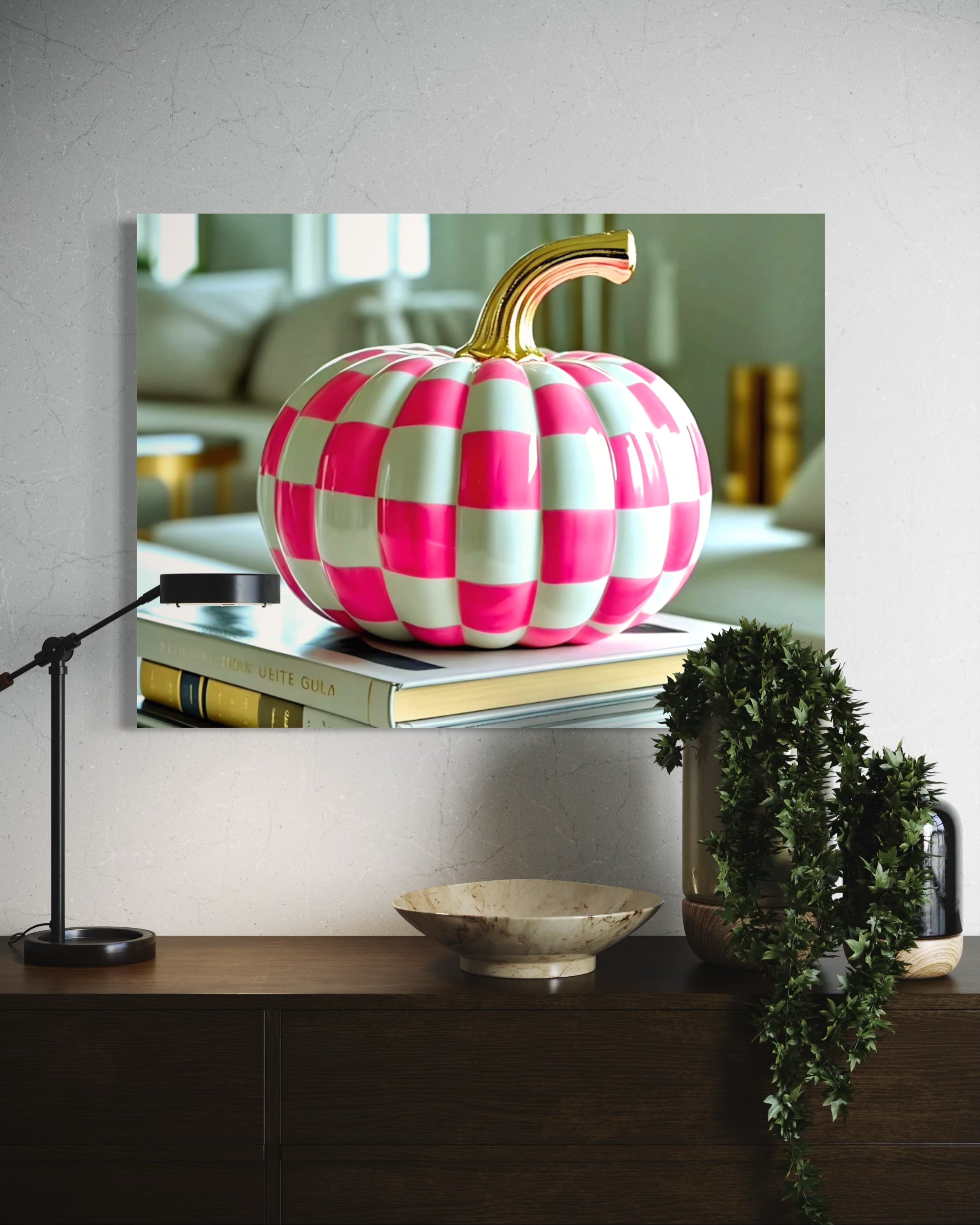 Pink and White Checkered Gold Stem Ceramic Pumpkin