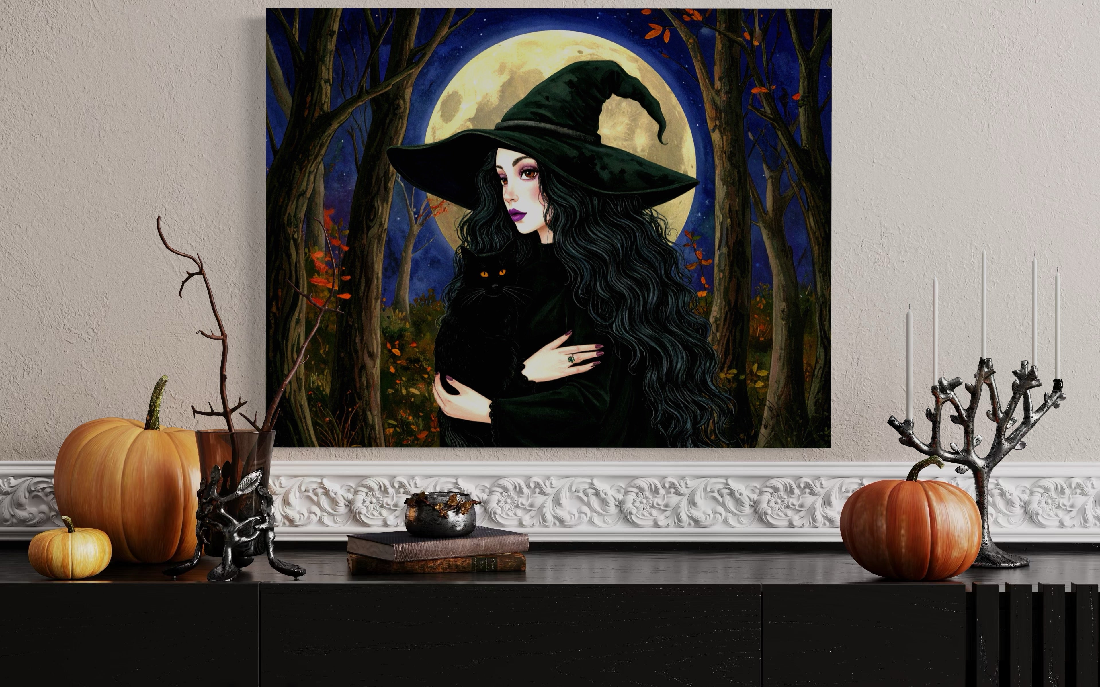 Witch and Cat in Moonlight