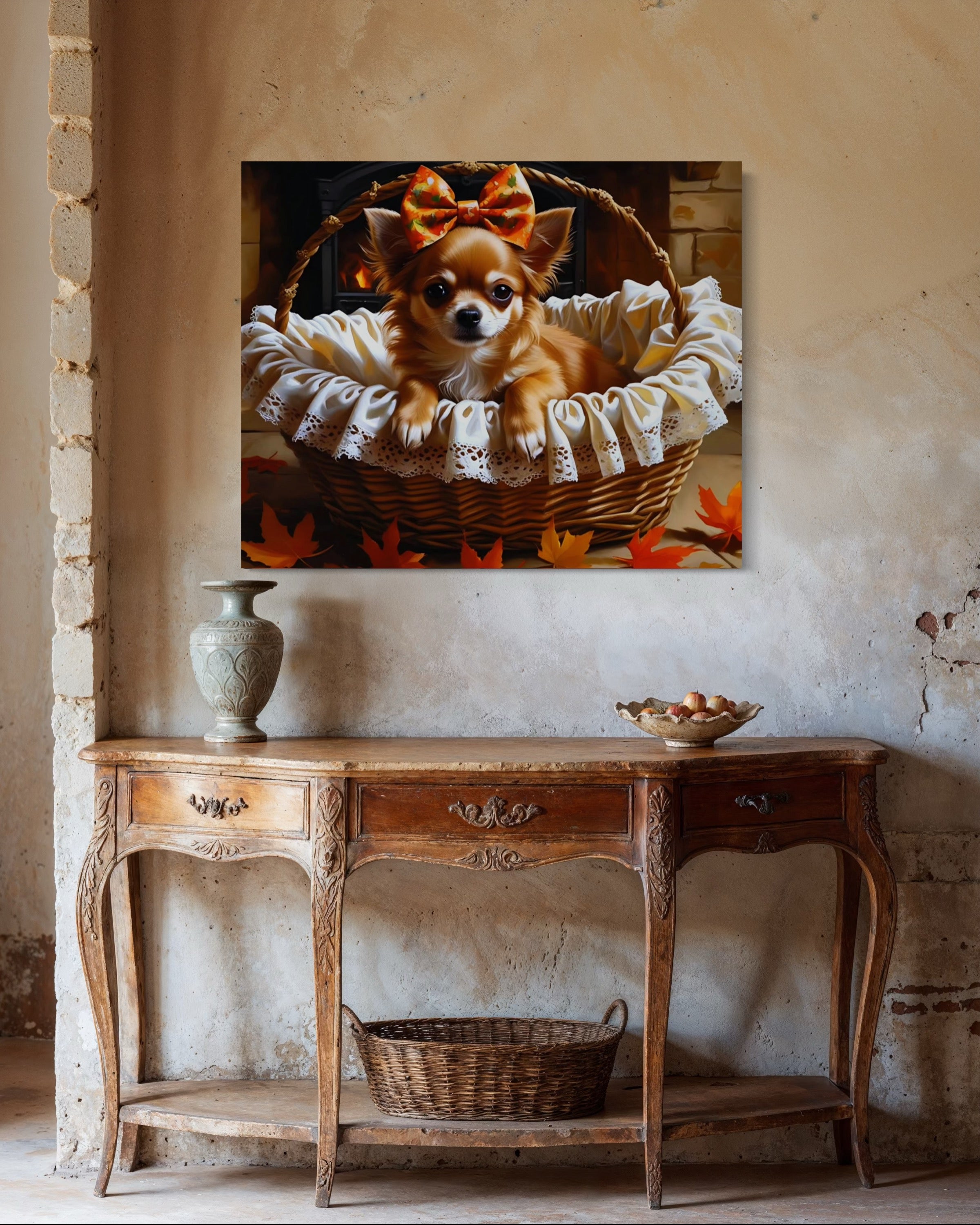 Autumn Chihuahua with Bow in Basket
