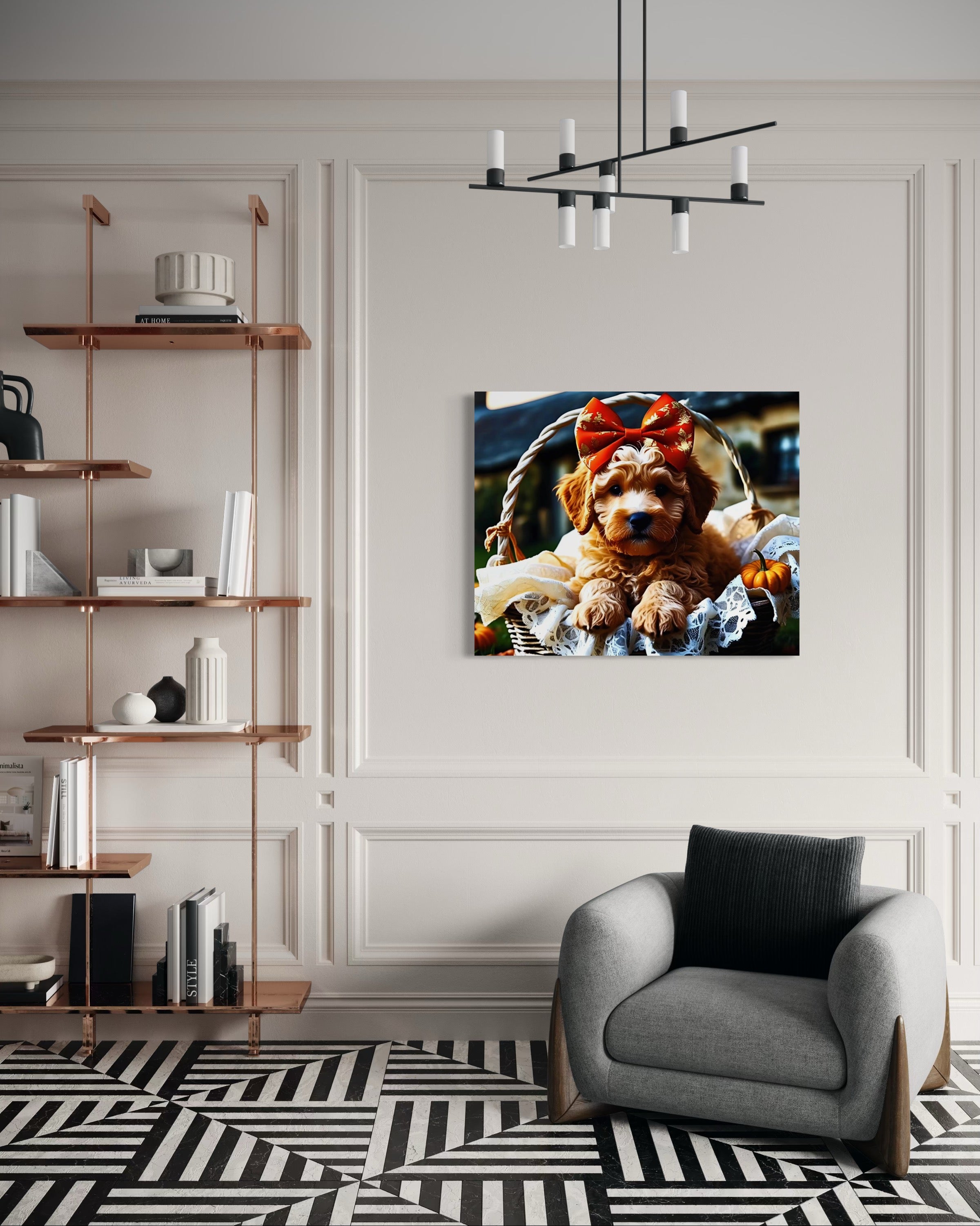 Autumn Goldendoodle Puppy with Bow in Basket