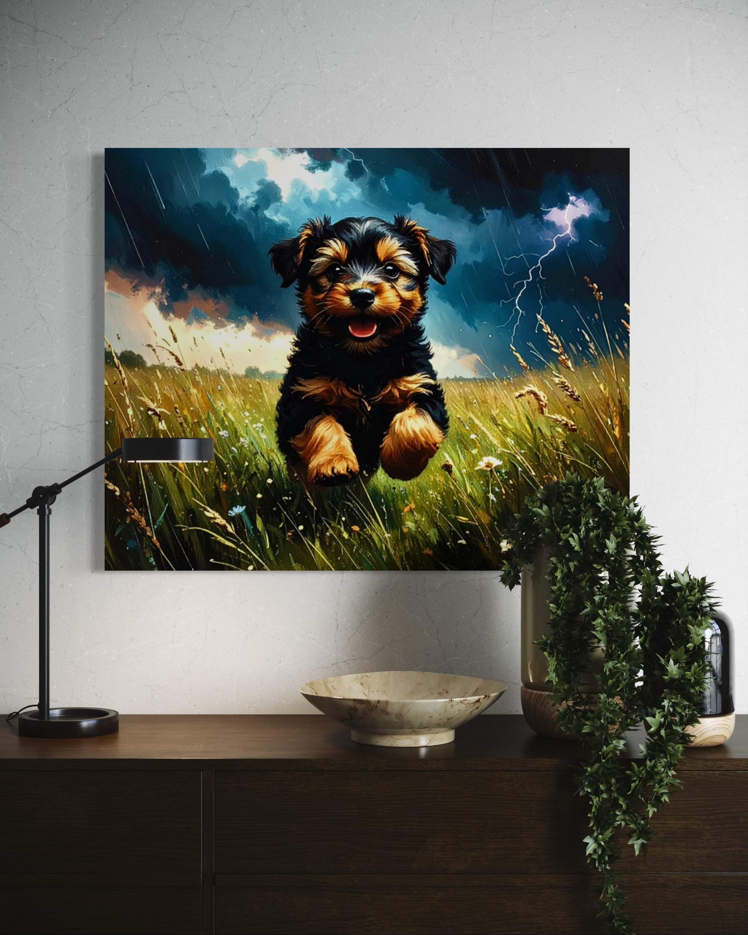 Yorkie in a Stormy Meadow