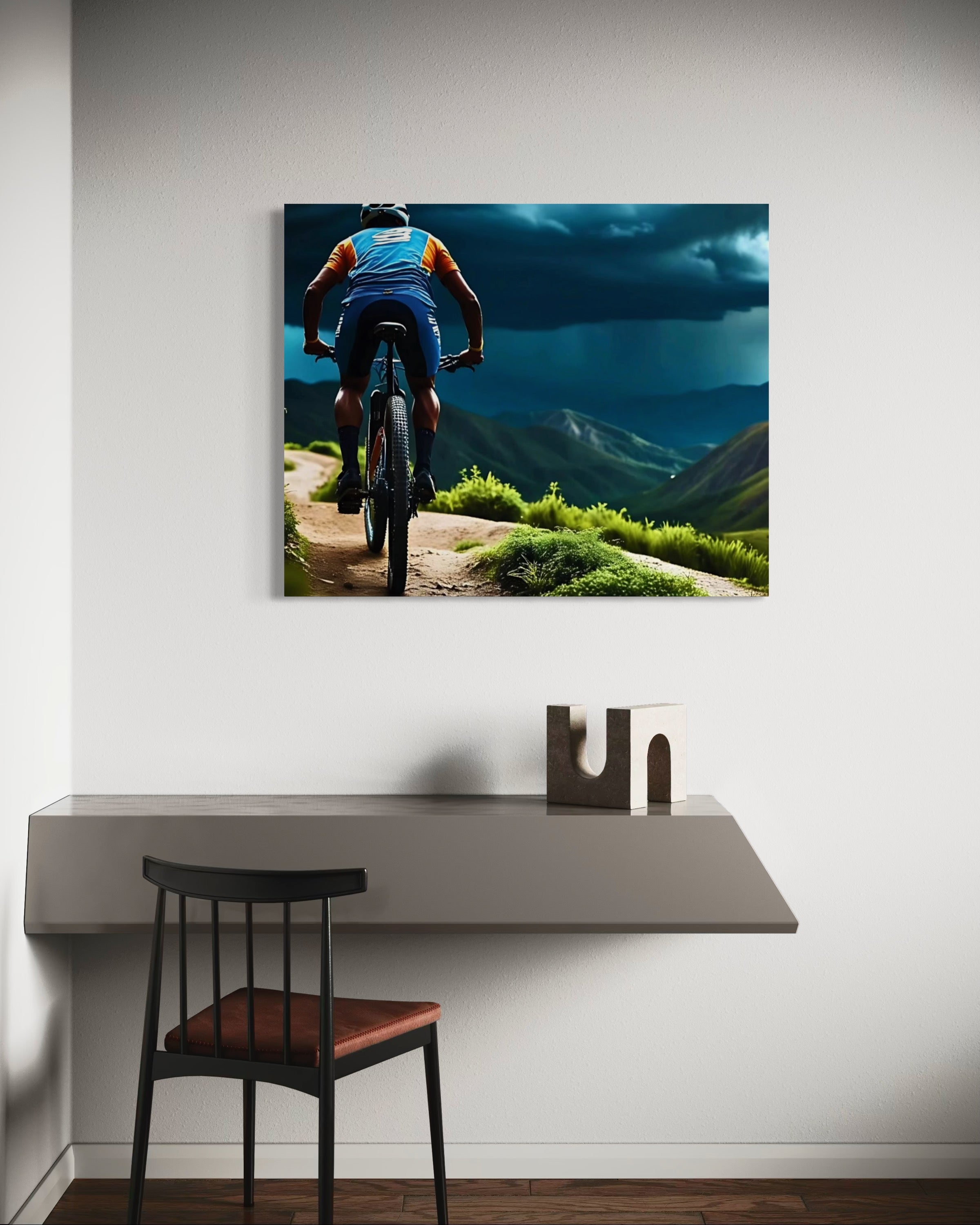 Men Mountain Biking into Rain Museum Print
