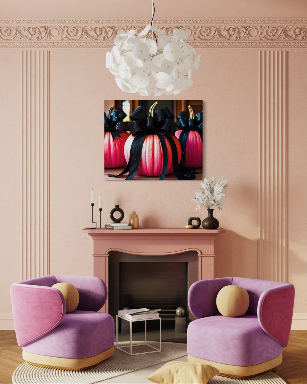 Pink Porch Pumpkins with Black Glittering and Velvet Bows