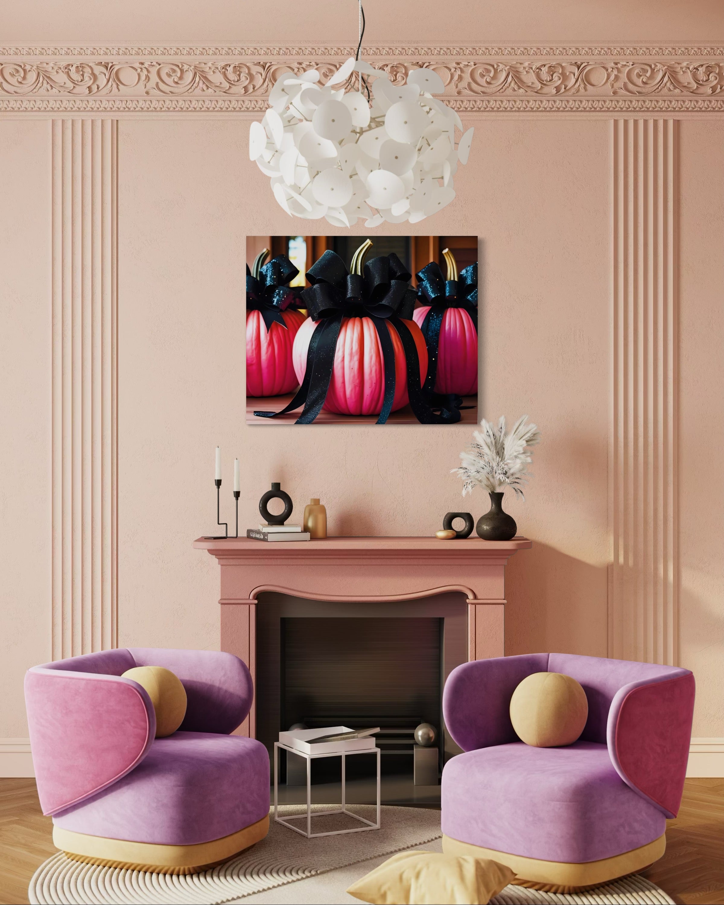 Pink Porch Pumpkins with Black Glittering and Velvet Bows