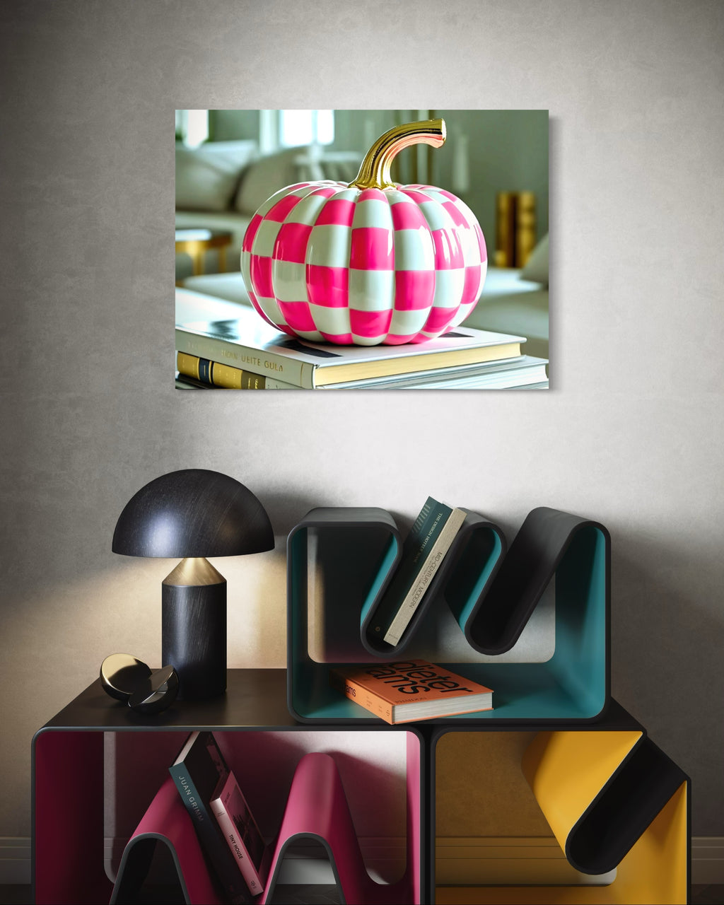 Pink and White Checkered Gold Stem Ceramic Pumpkin