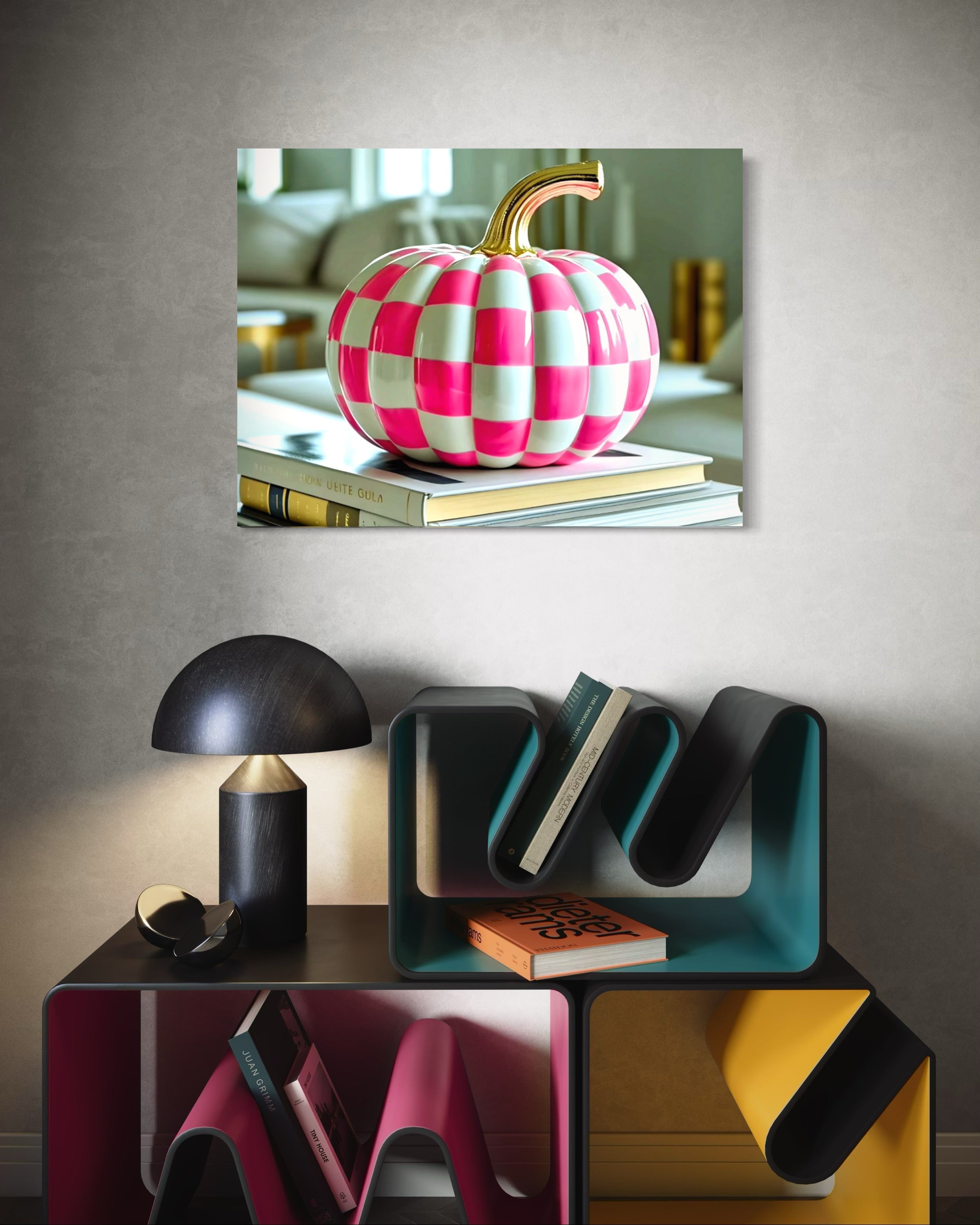 Pink and White Checkered Gold Stem Ceramic Pumpkin
