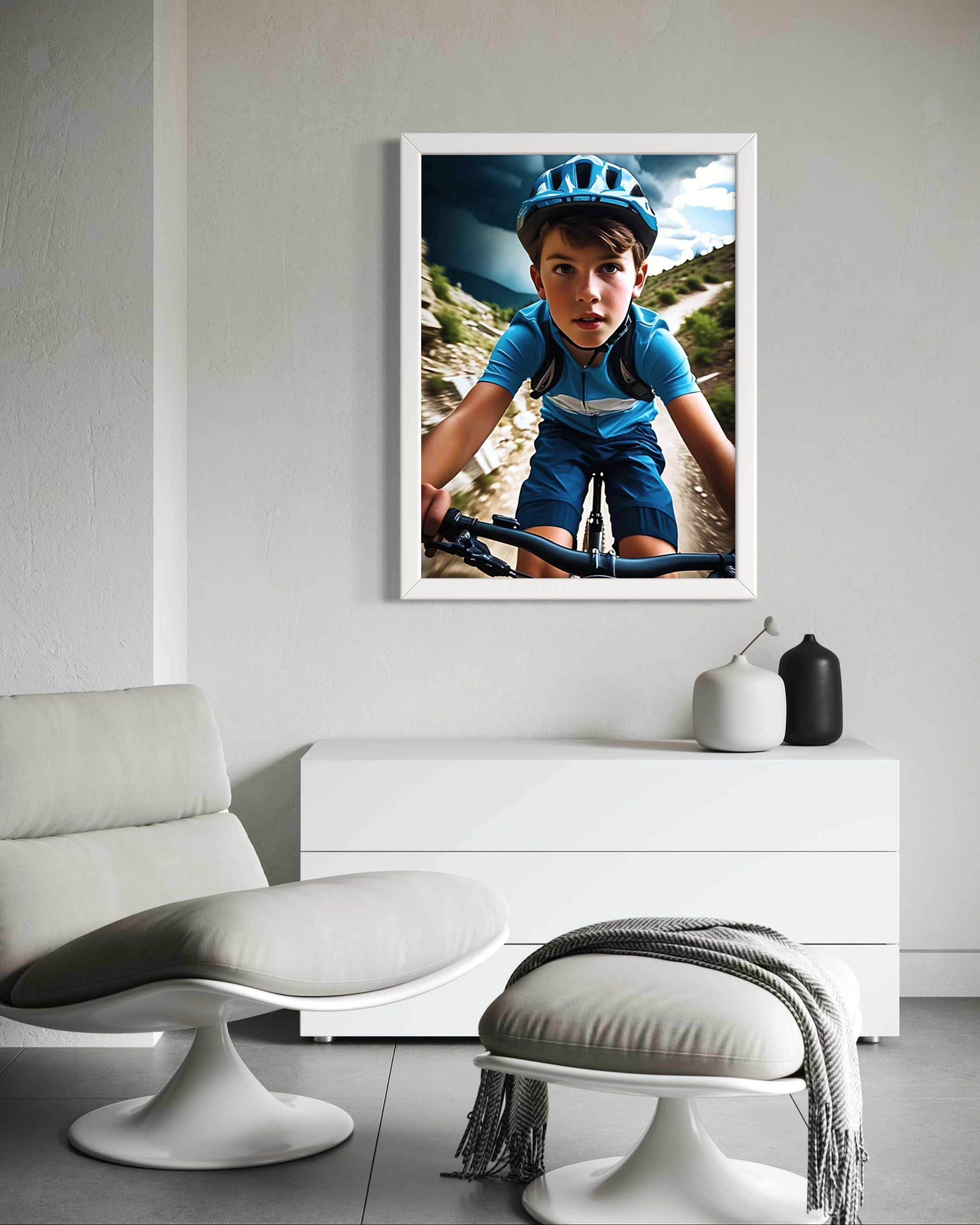 Boy Mountain Biking Blue Museum Print