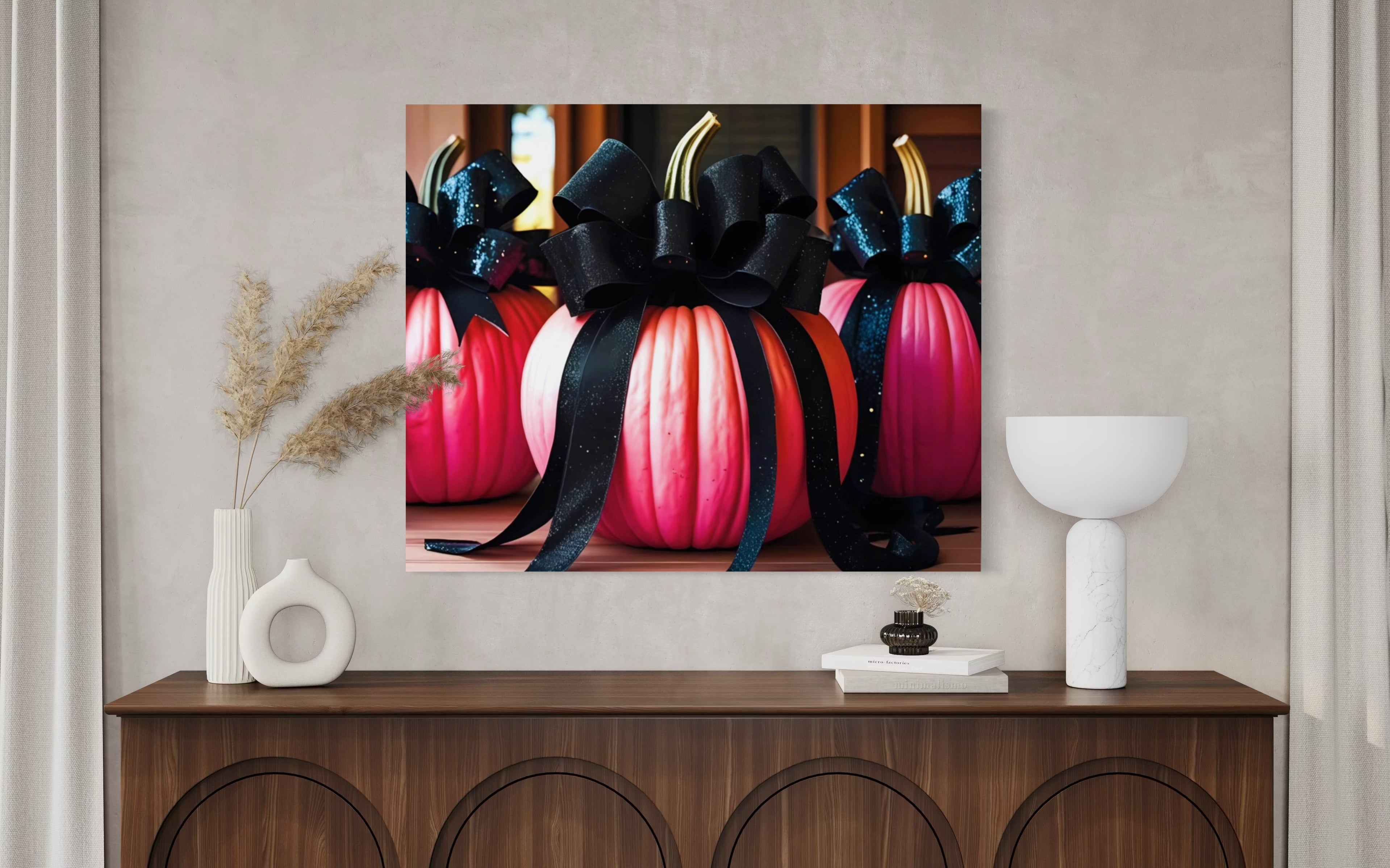 Pink Porch Pumpkins with Black Glittering and Velvet Bows