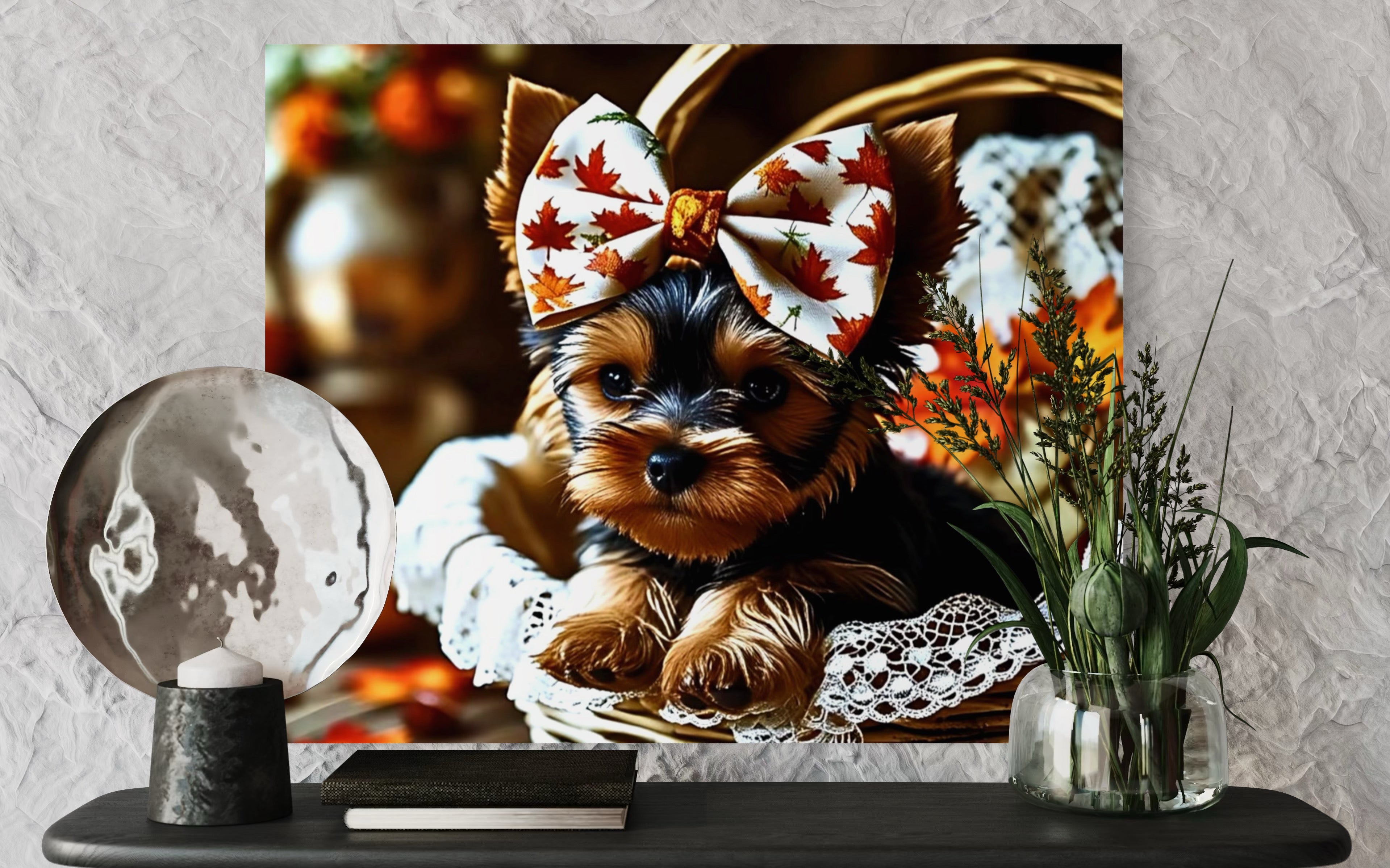 Autumn Yorkie Puppy Girl with Bow in Basket