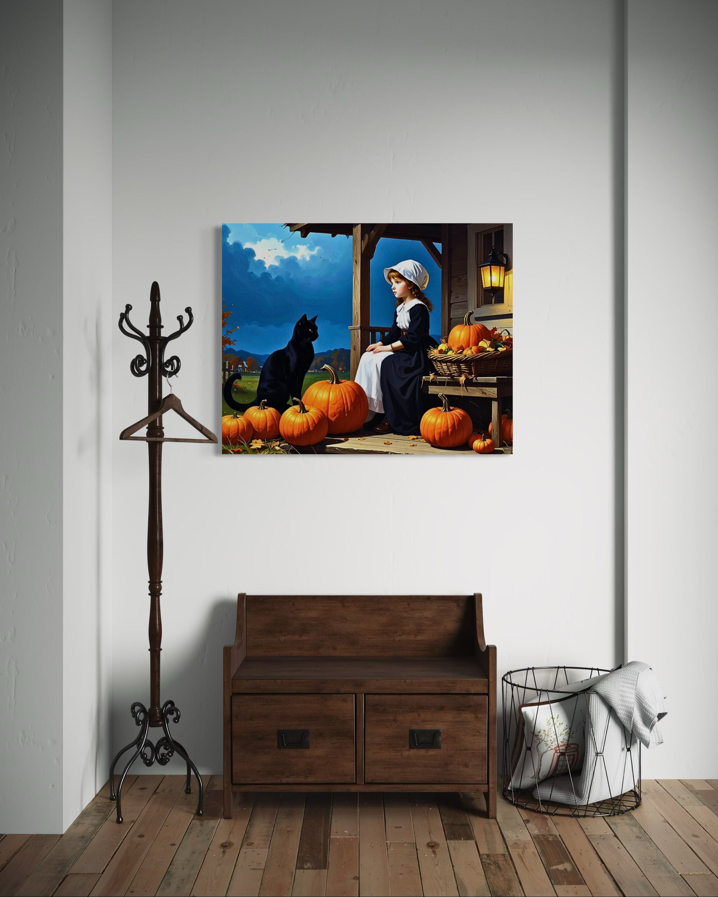 Little Pilgrim Girl with Cat and Pumpkins